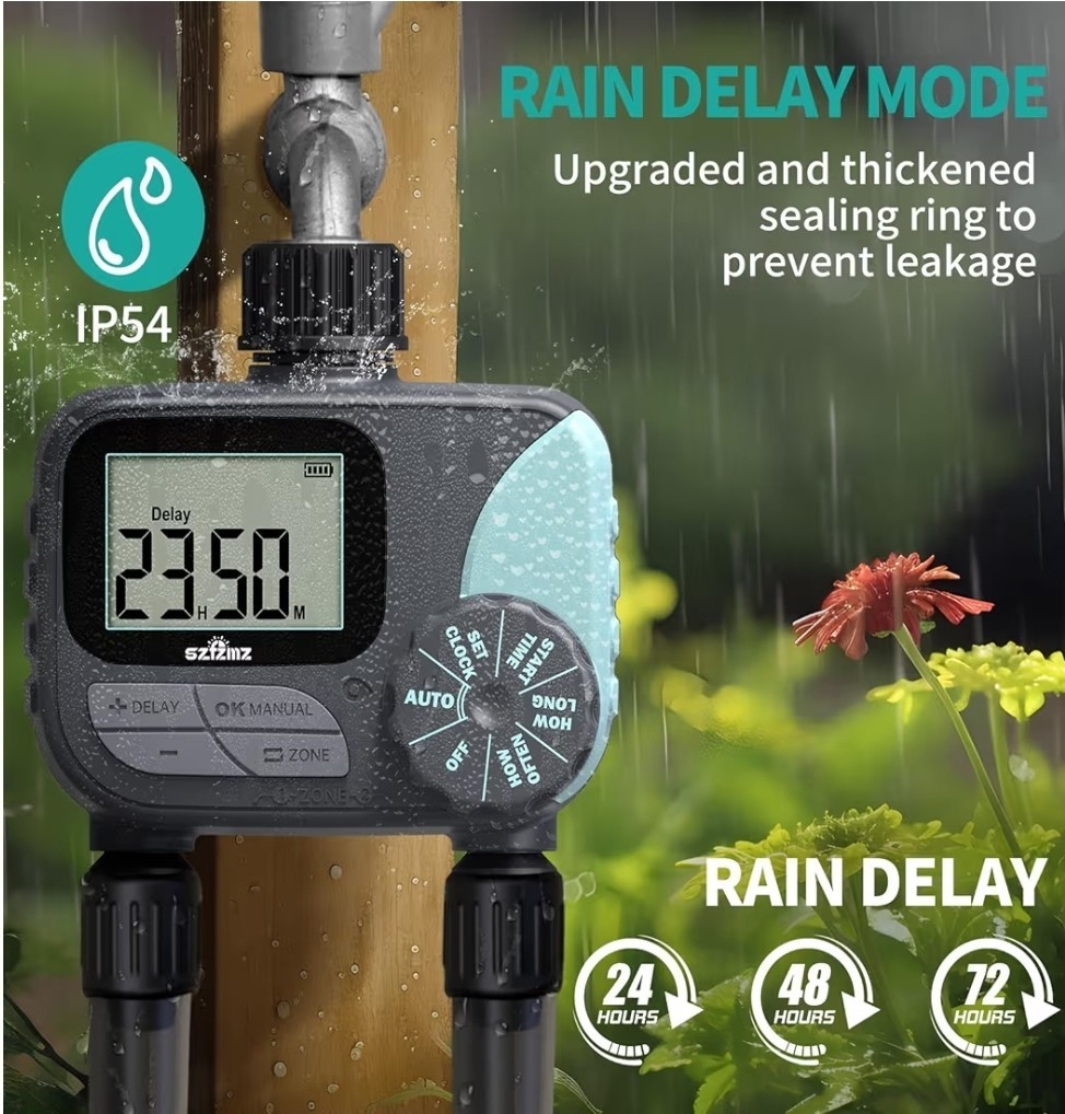 Water Timer for Garden Hose Programmable, 2 Zone Sprinkler Timer with Rain Delay