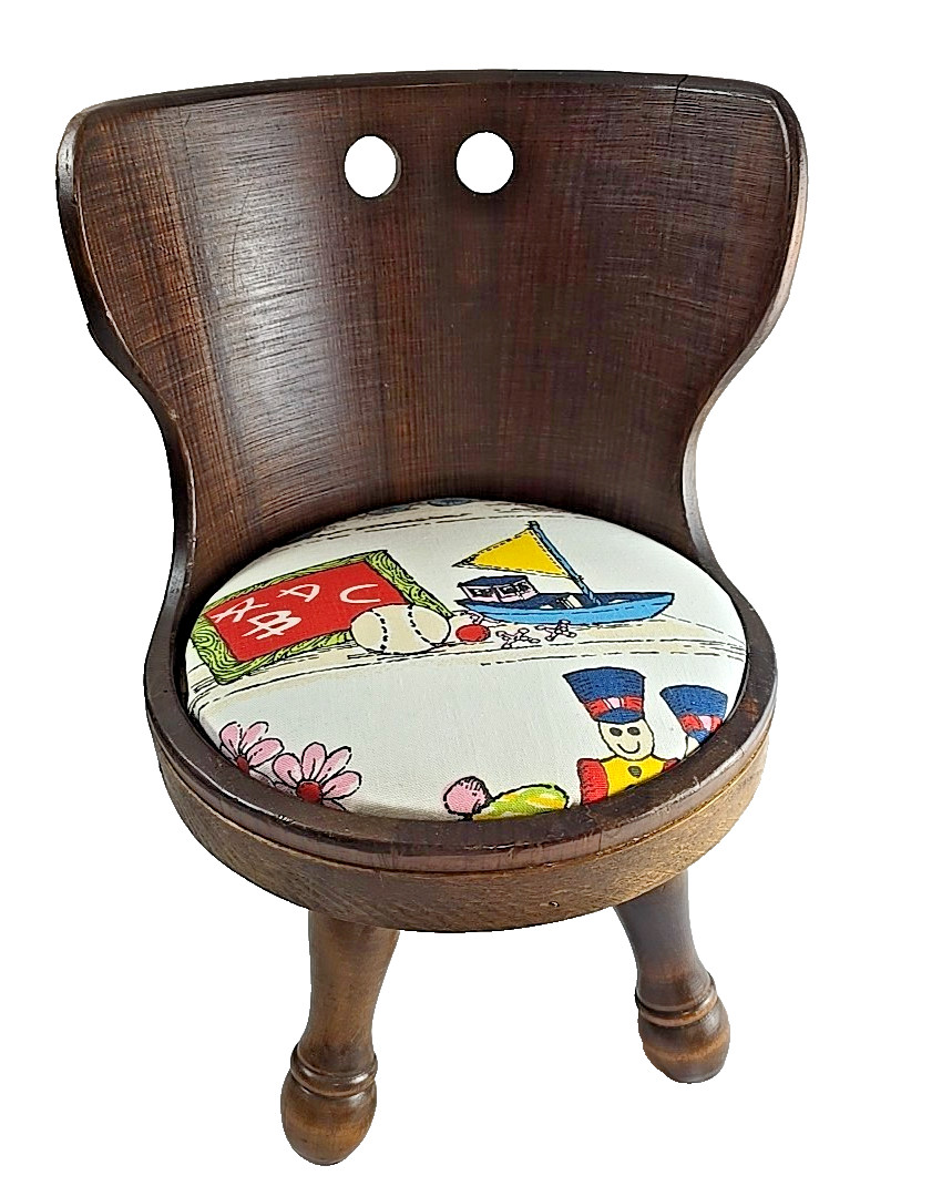 Vtg Lane Childs Lg Doll Wood Half Barrel Chair Vtg Toy Fabric Round Seat Cushion