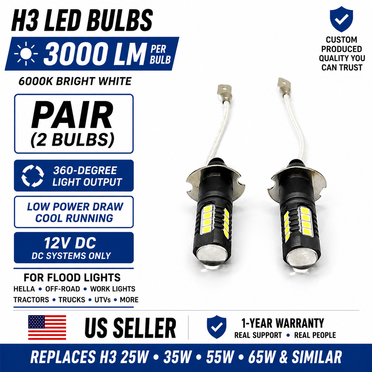💡Pair Ultra 12V H3 LED Bulbs Replaces HELLA H3 Halogen Flood Lights ⬆️Brightnes