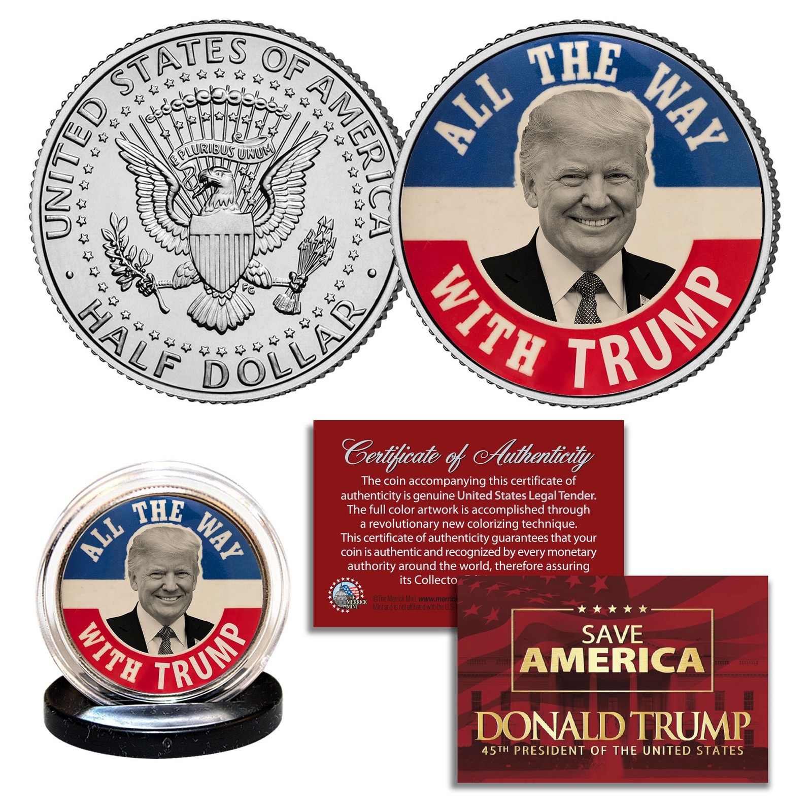 DONALD TRUMP *ALL THE WAY WITH TRUMP* Pin Style JFK Kennedy Half Dollar US Coin