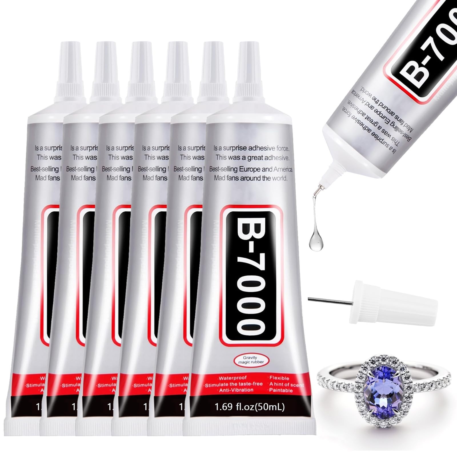 6 PCS 50ml B7000 Glue Clear with Precision Tip, Rhinestone Glue for Nail, Cra...