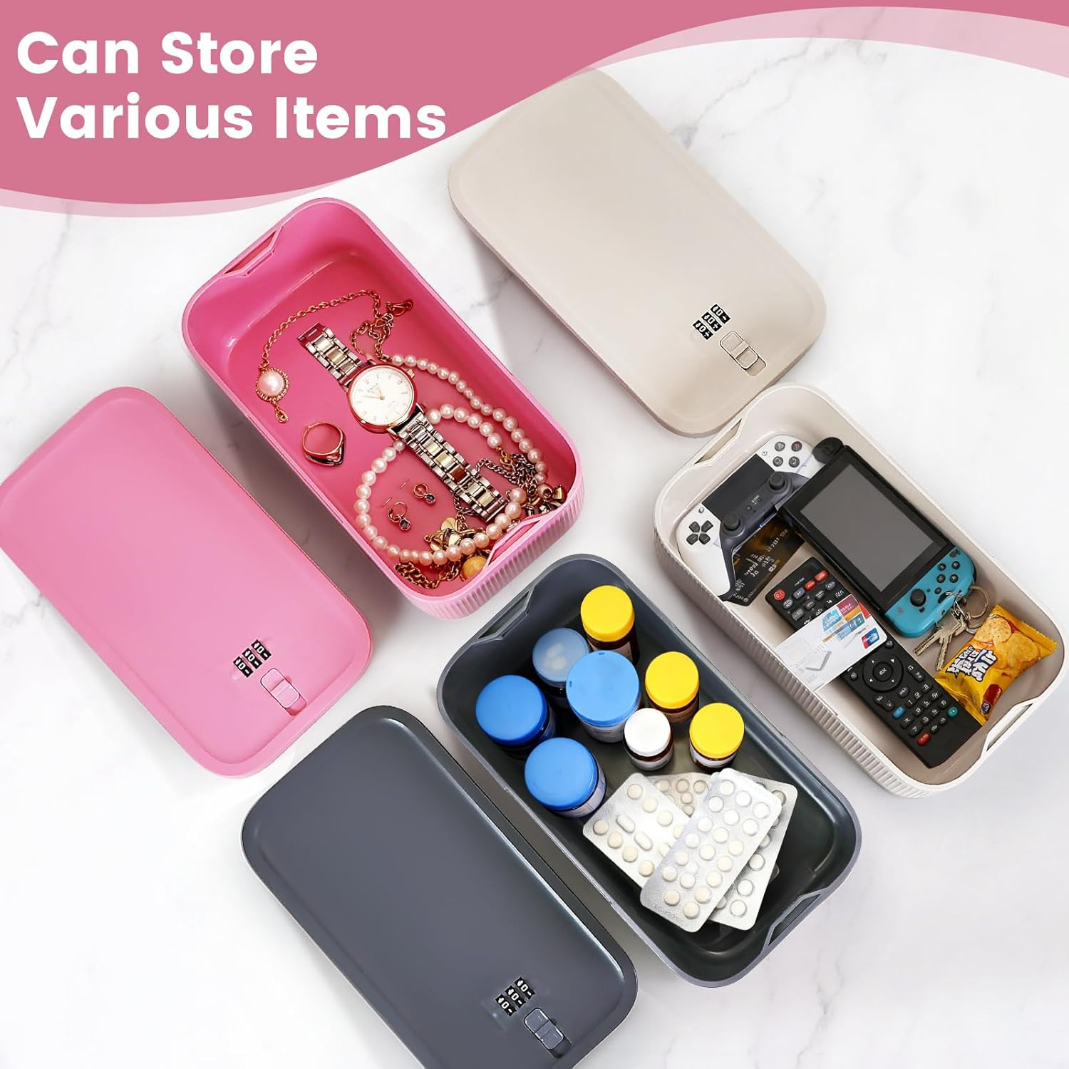 Small Lock Box, Lockable Storage Box with Combination Code for Medication Safe,