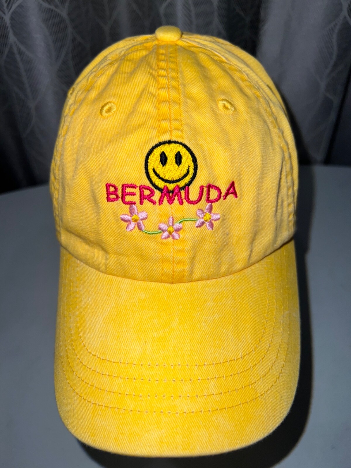 Bermuda Gold Small Hat Cap Hook Loop with Smiley Face, flowers embroidered front