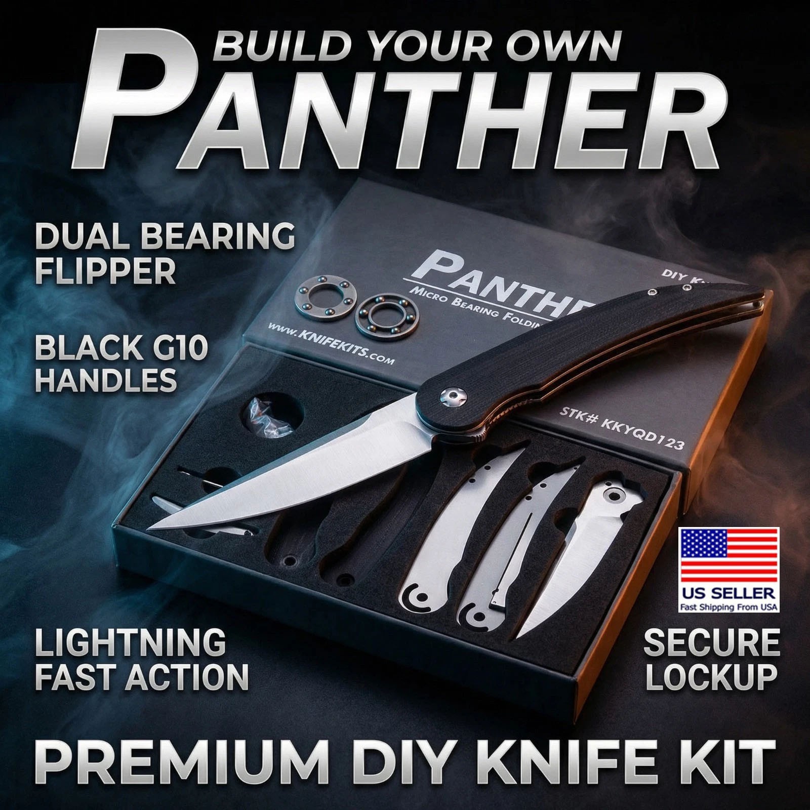Panther Knife Kit - Dual Bearing Flipper - DIY Parts Kit w/Black G10 Handles