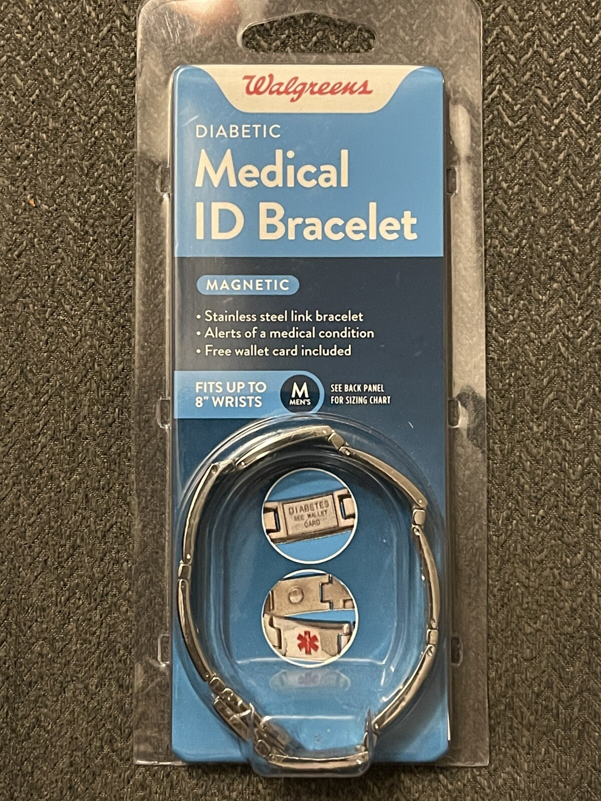 NEW Diabetic Medical ID Bracelet Men’s Link Fits 8” Wrist Caduceus Symbol $28