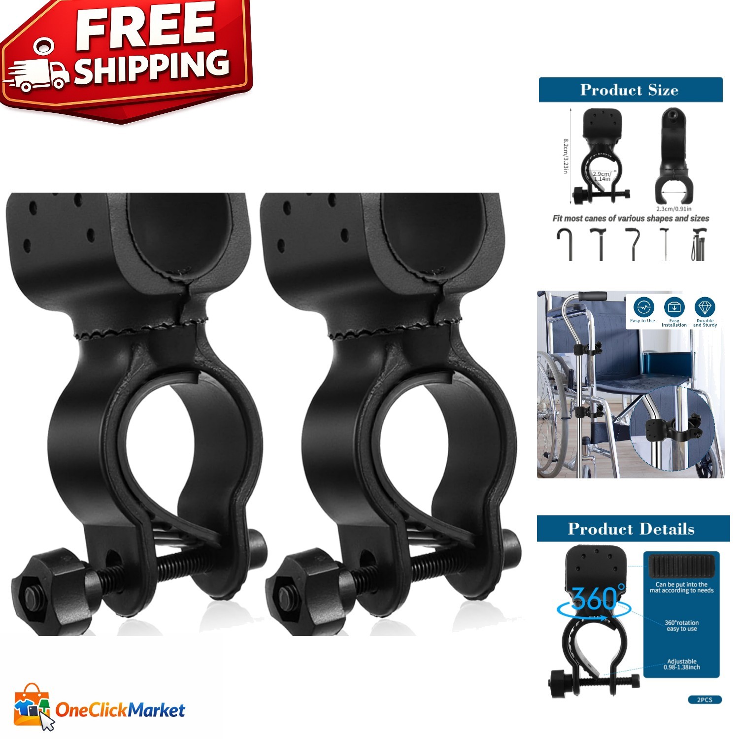 2 Pack Black Durable Walking Stick Holders, Cane Holder, Wheelchair