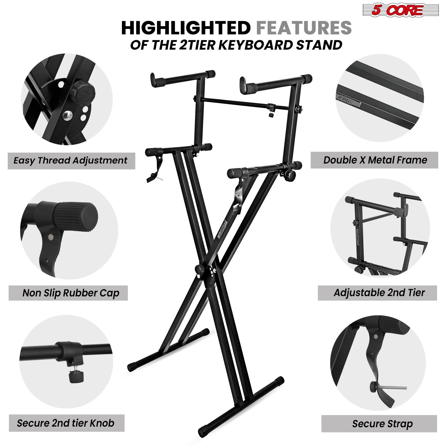 5Core 2Tier Keyboard Stand Double X Style Adjustable Electric Piano Riser Holder