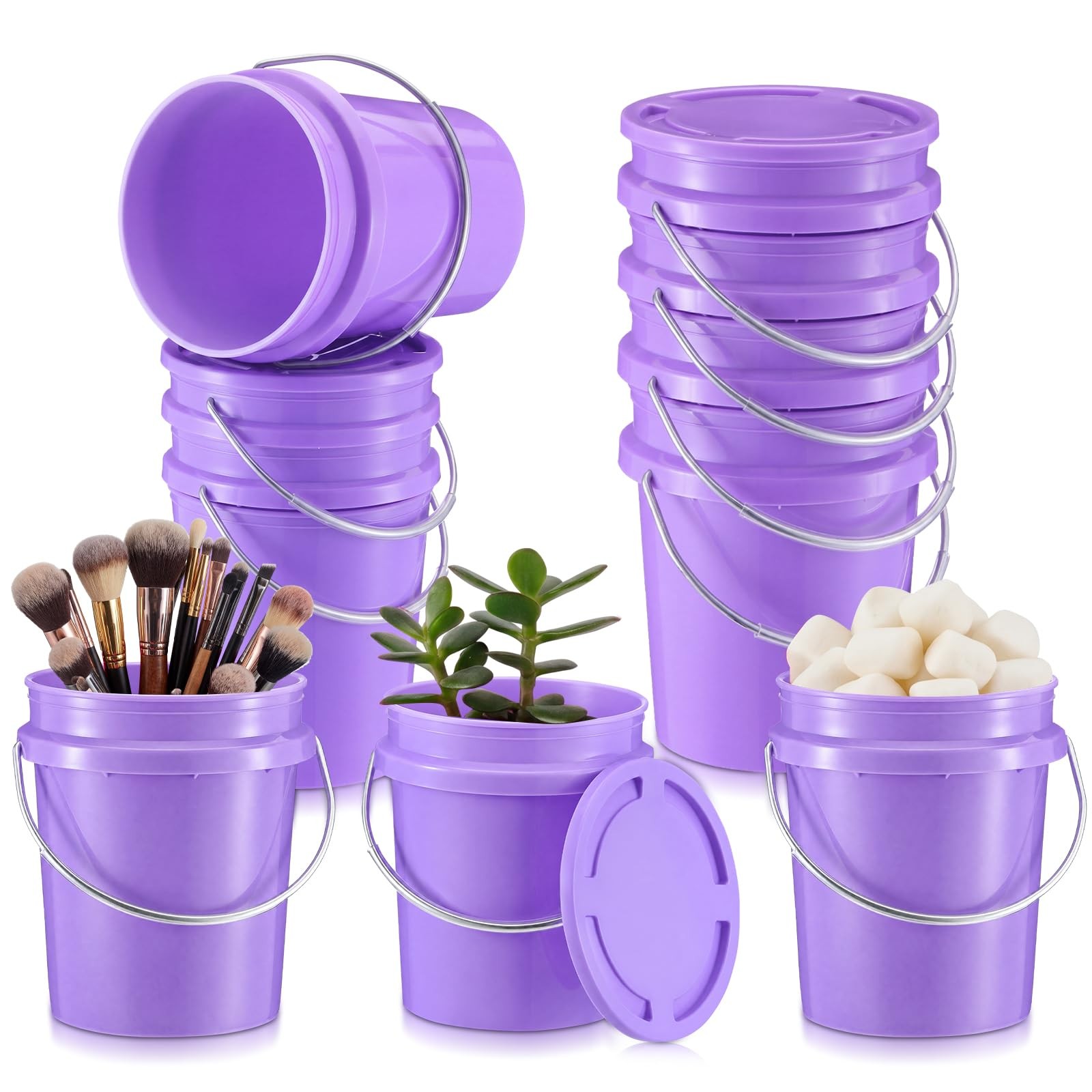 6 Pcs Mini Plastic Buckets with Lids, 0.4 Quart Purple Buckets for Party Gift...