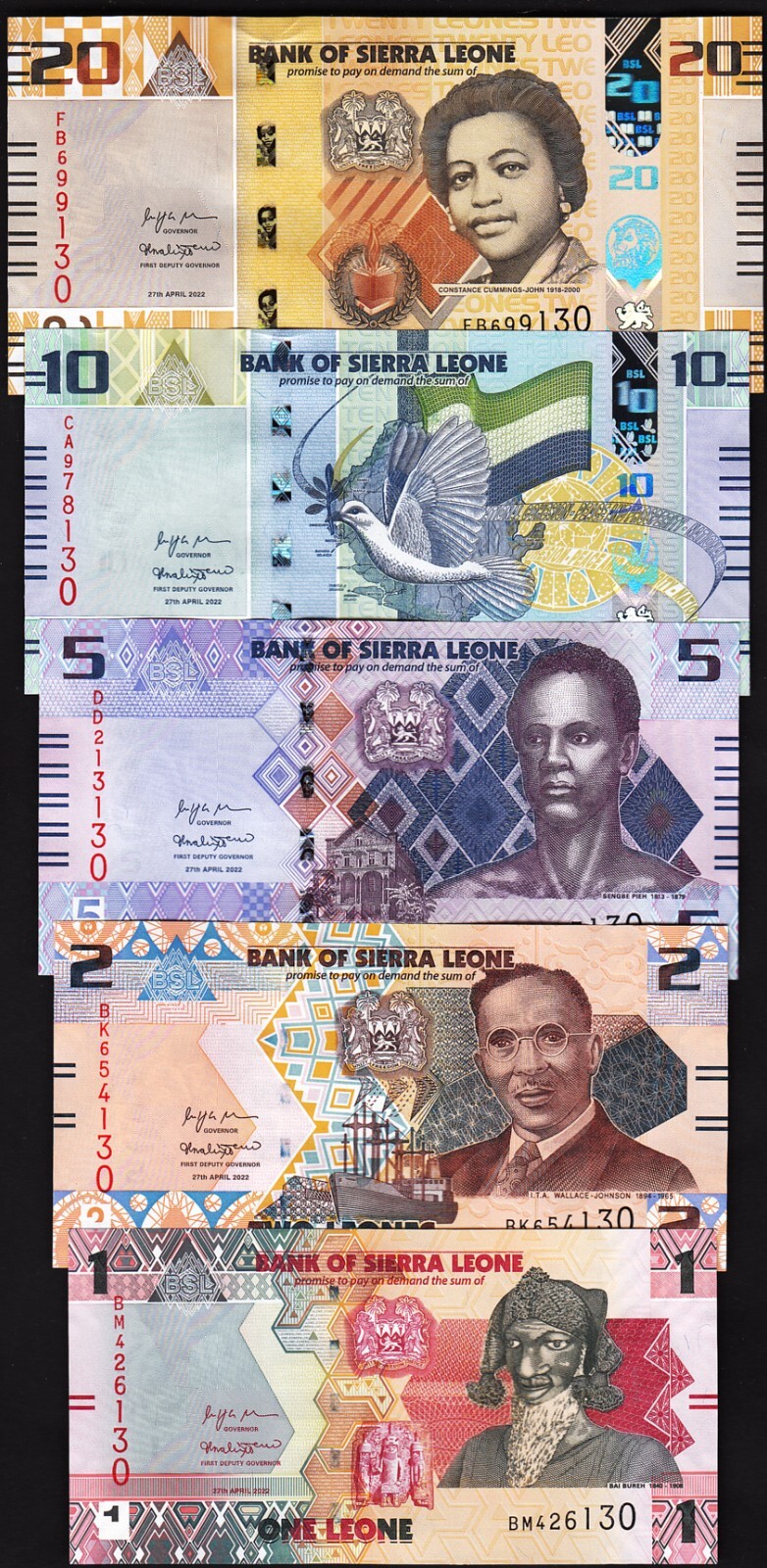 Sierra Leone, 5 Pcs SET,  1 2 5 10 20 Leones 2022, UNC,P-NEW DESIGN