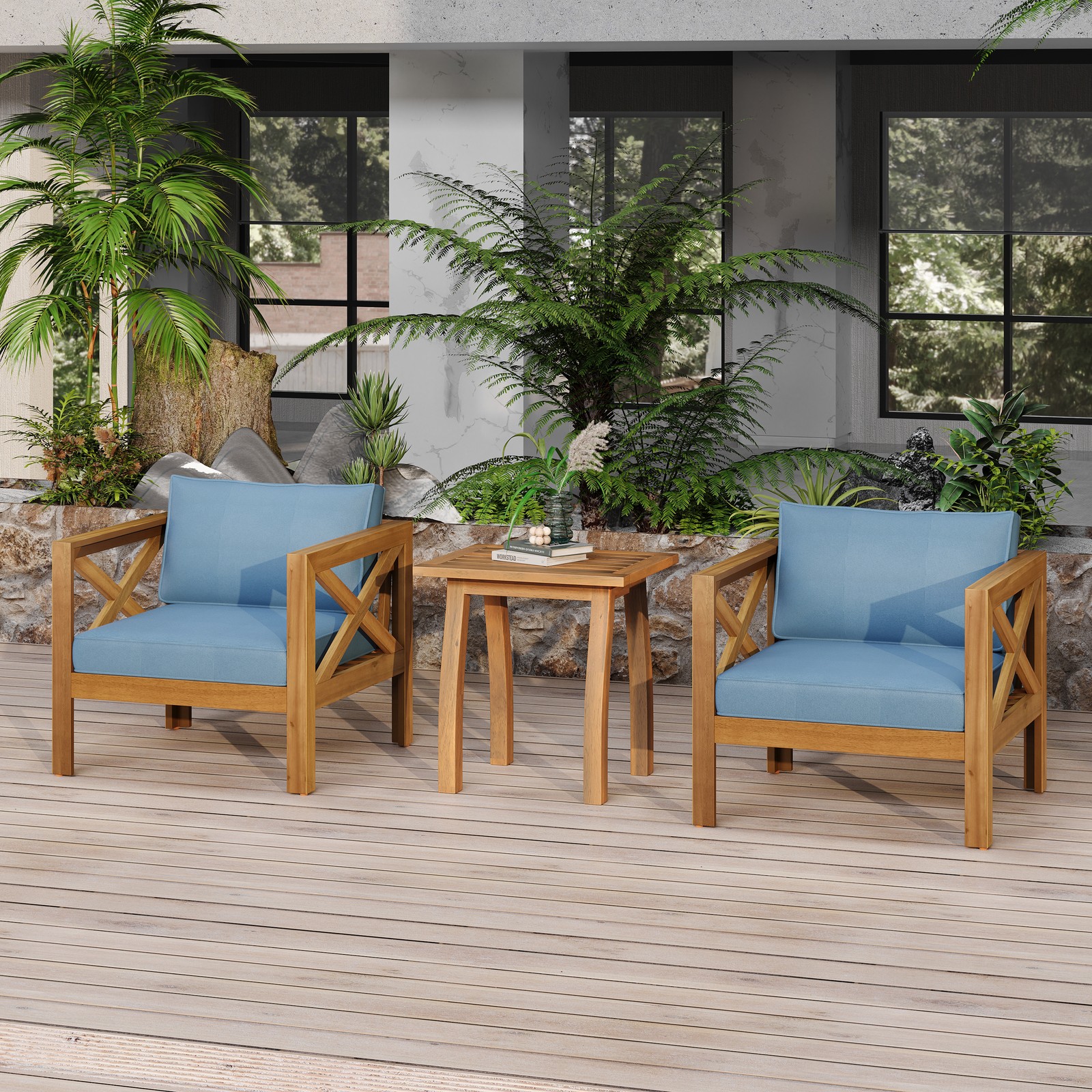 Acacia Wood Patio Conversation Set with 2 Club Chairs & End Table, Blue