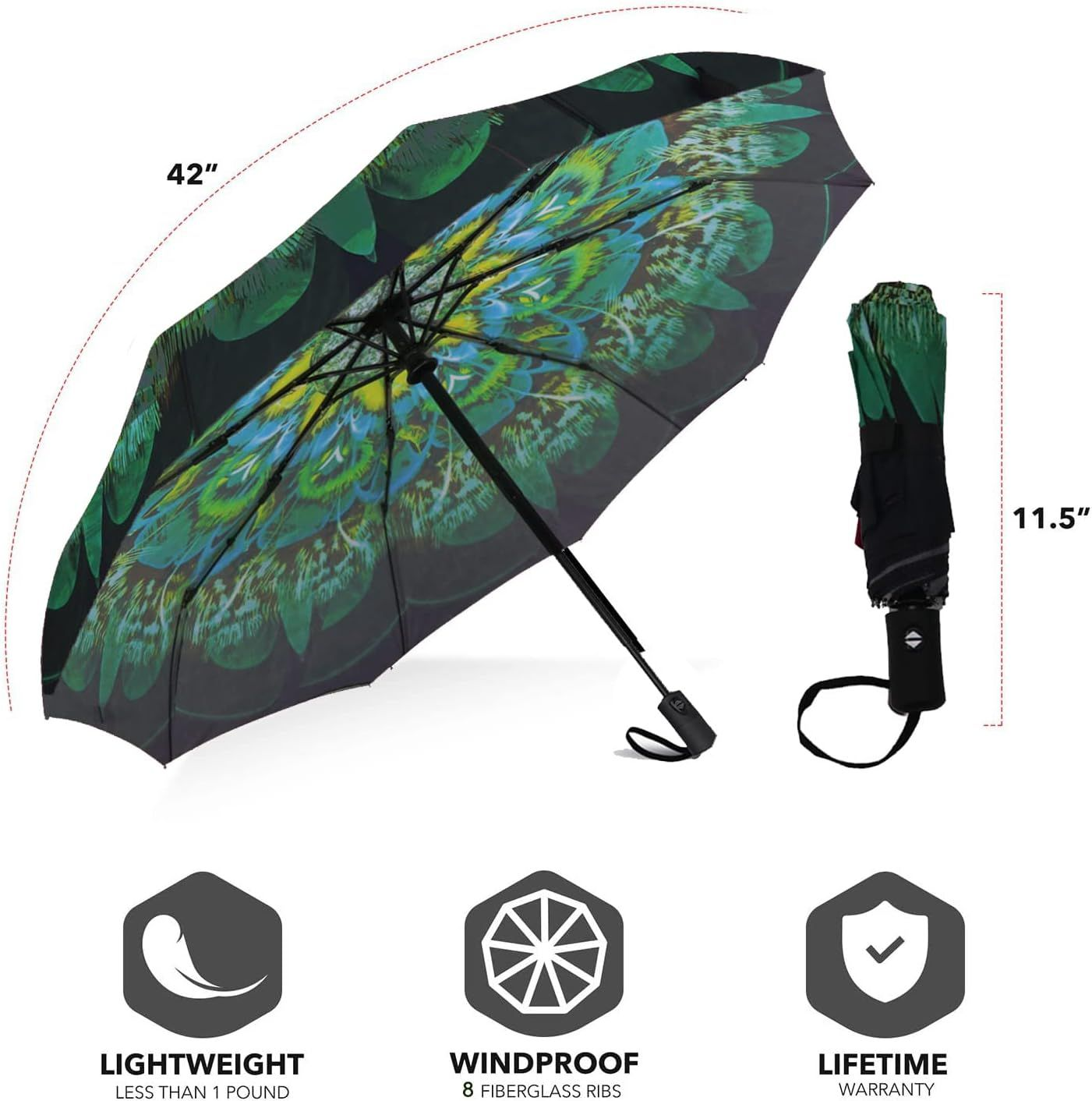 SIEPASA Windproof Travel Compact Umbrella-Automatic Small Size, Green peacock