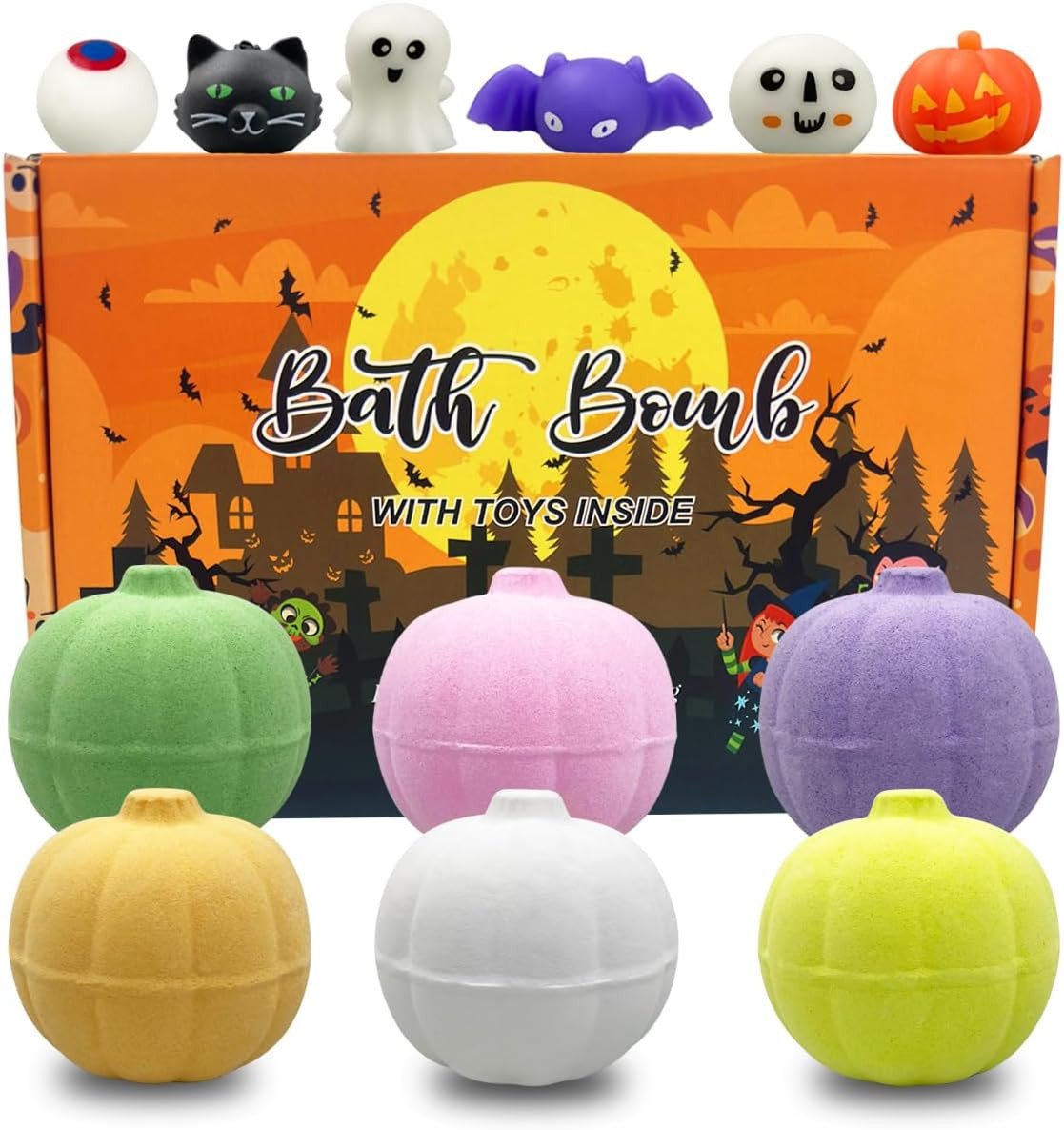 6 Pack Halloween Pumpkin Bubble Bath Bombs with Halloween Squishy Toys Inside fo