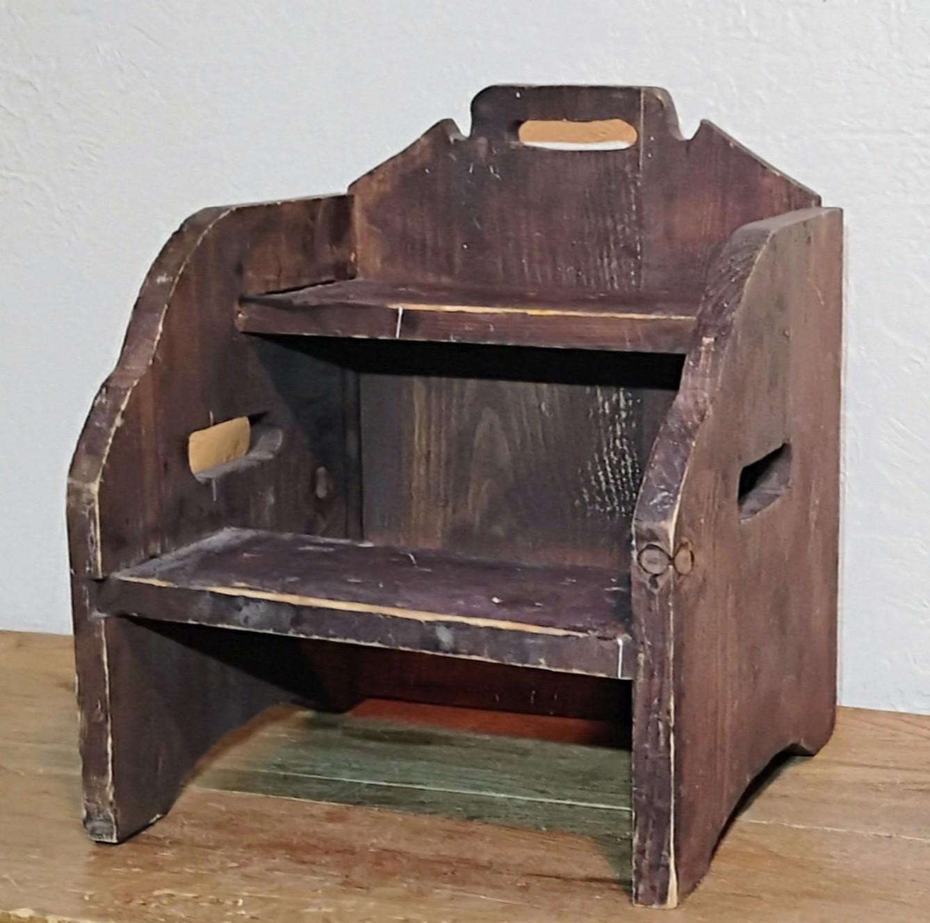 Antique Handmade Wooden Step Stool with Handle Rustic Brown Stained Portable