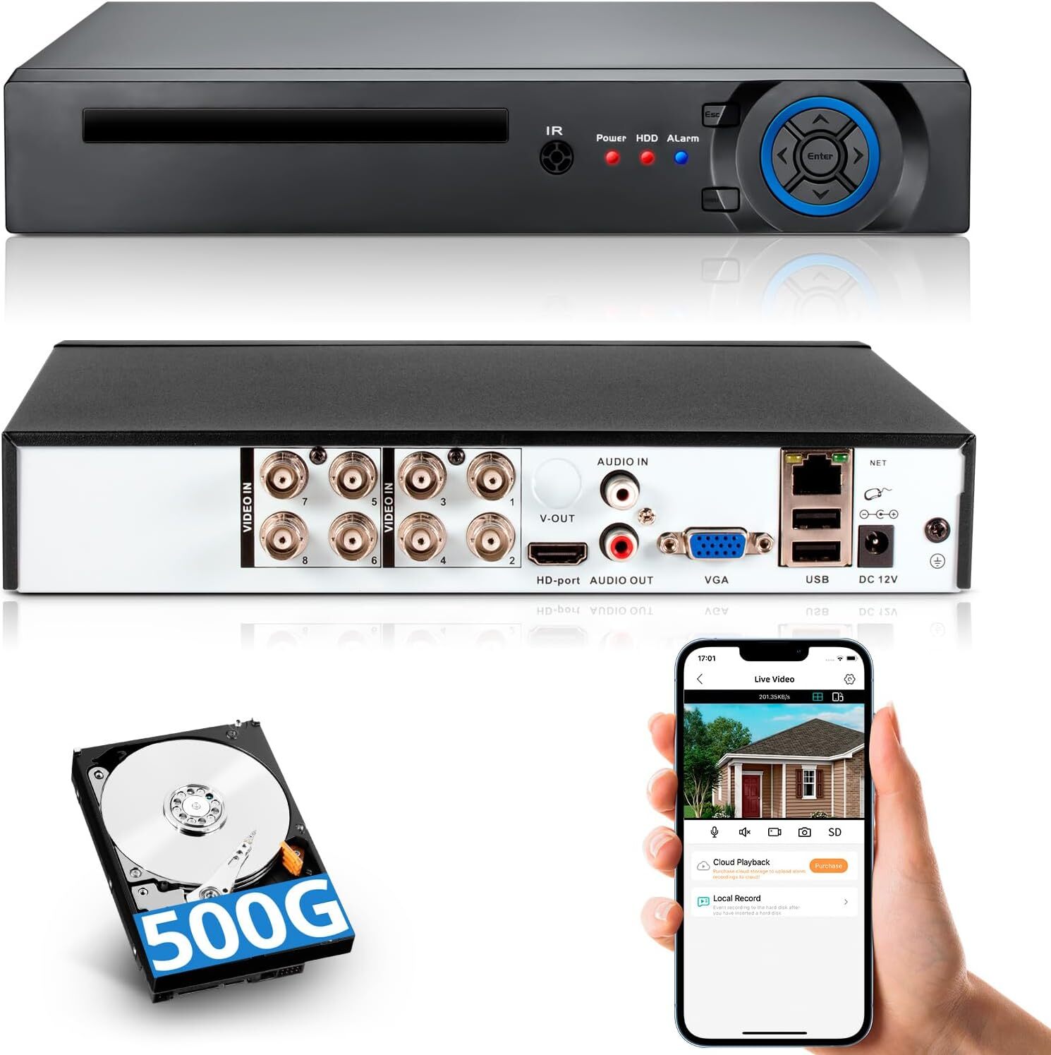 In/Outdoor Camera Compatible 8CH 6-in-1 5MP H.265+ DVR with 500GB Installed HDD
