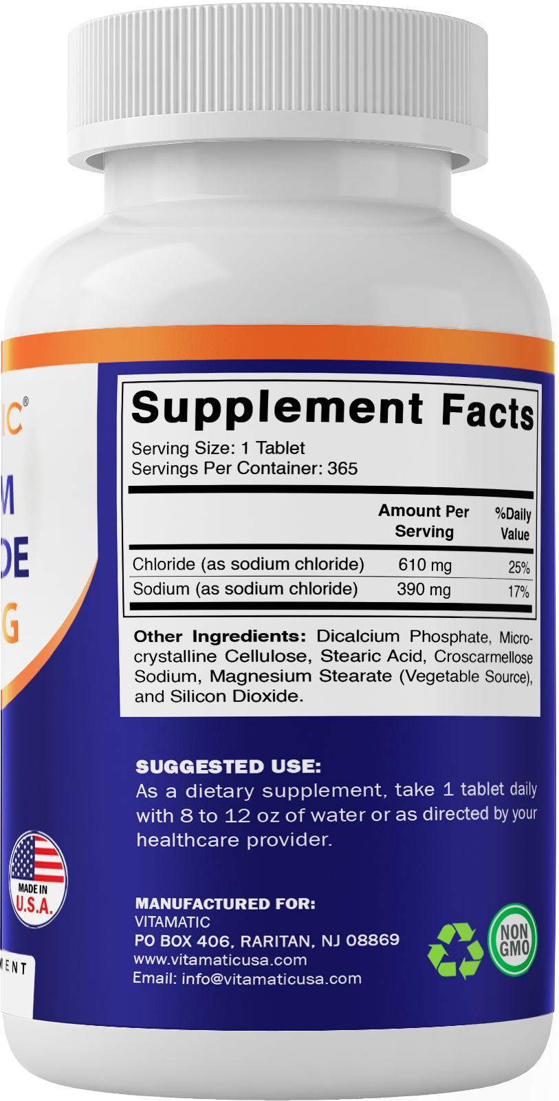 Vitamatic Sodium Chloride 1000mg, 365 Tablets - Salt Tablets, Non-GMO, Gluten F