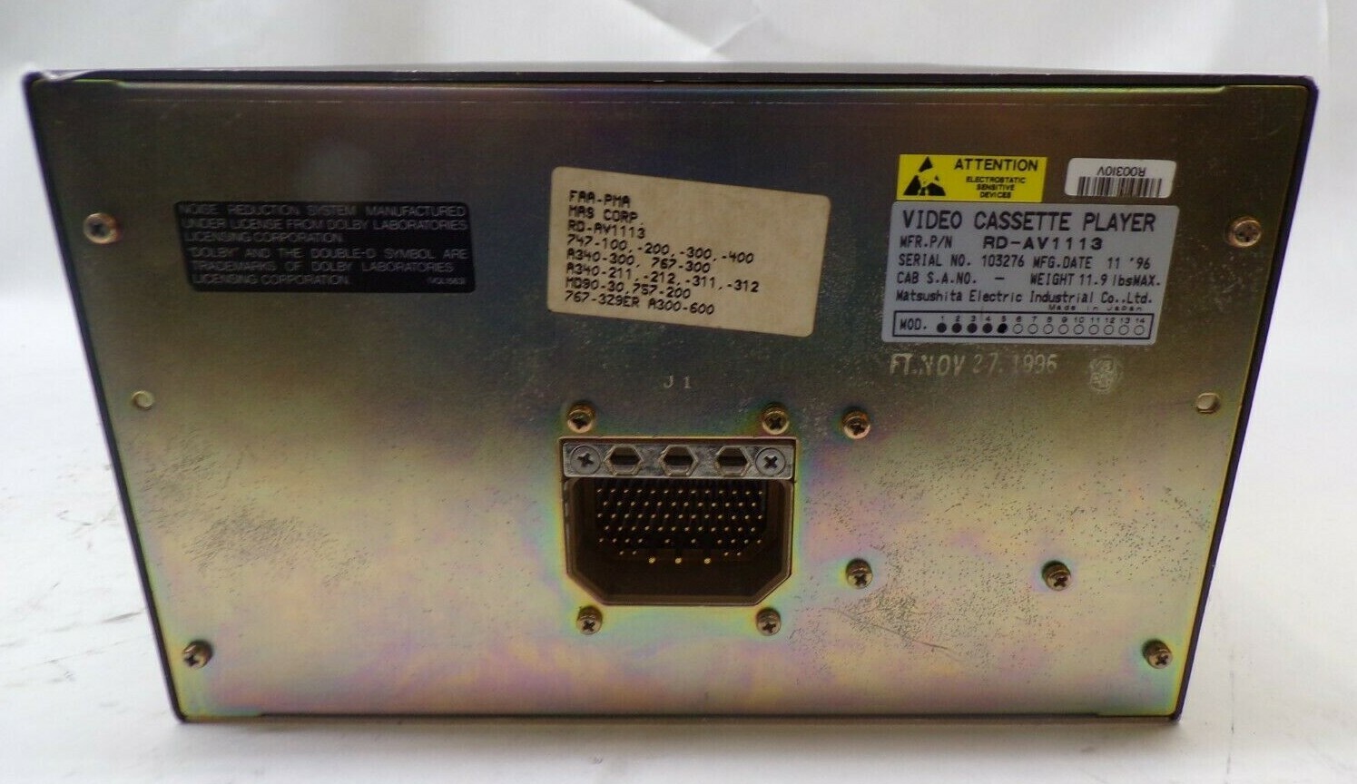 MATSUSHITA VIDEO CASSETTE PLAYER RD-AV1113 ,103276 , MFG DATE : 11/1996