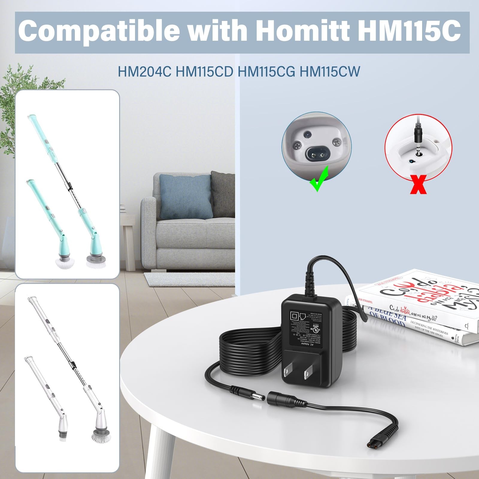 9V Scrubber Charger Fit for Homitt HM115C Electric Spin Scrubber, Power BLACK