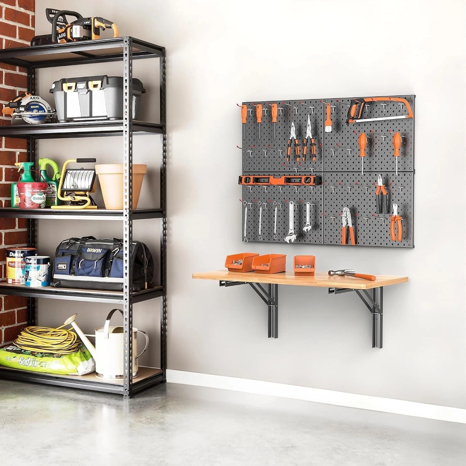 Durable Wall-Mounted Work Table with Pegboard Accessories - 150 lbs Capacity