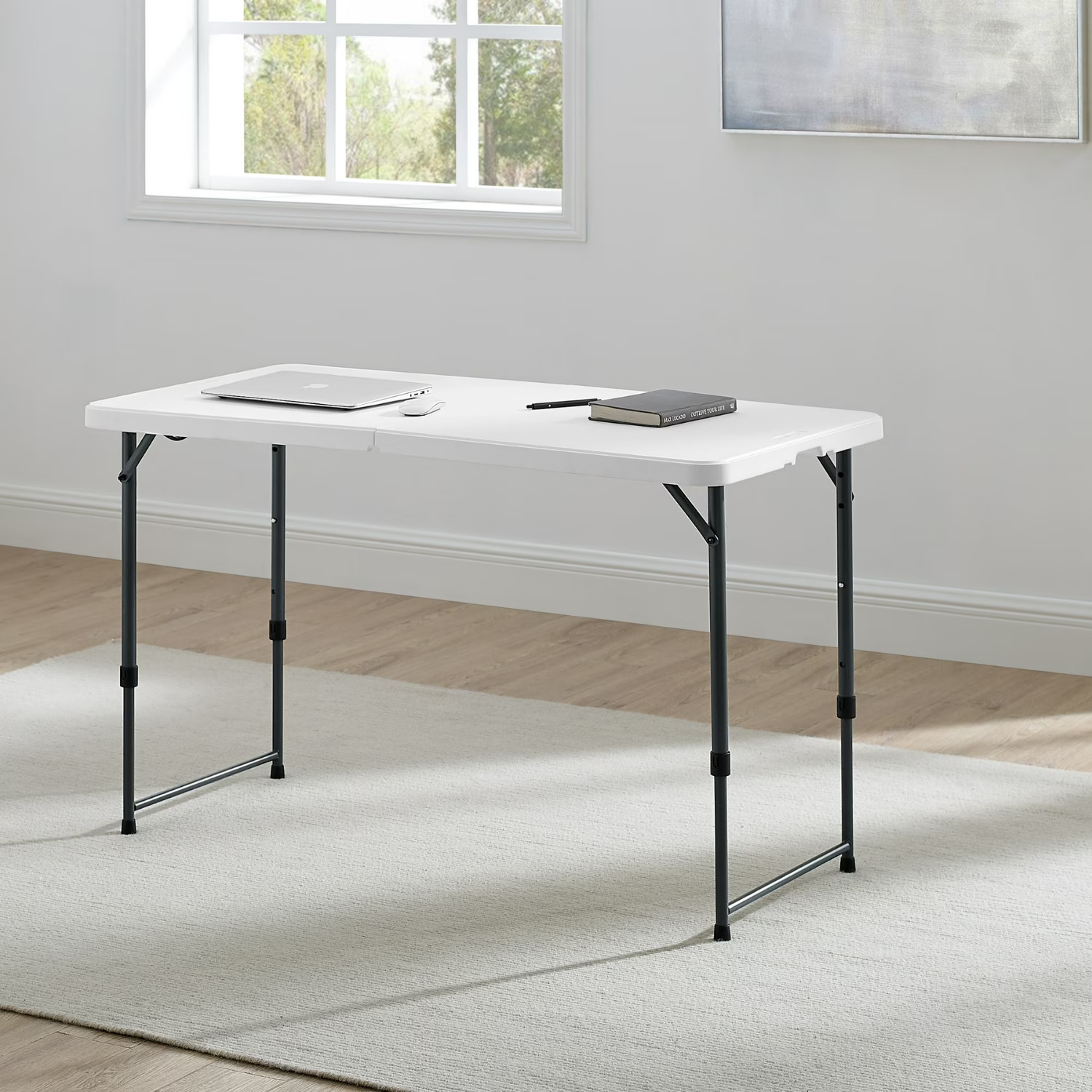 Mainstays 4FT Folding Table Adjustable Height Indoor Outdoor Carry Handle White