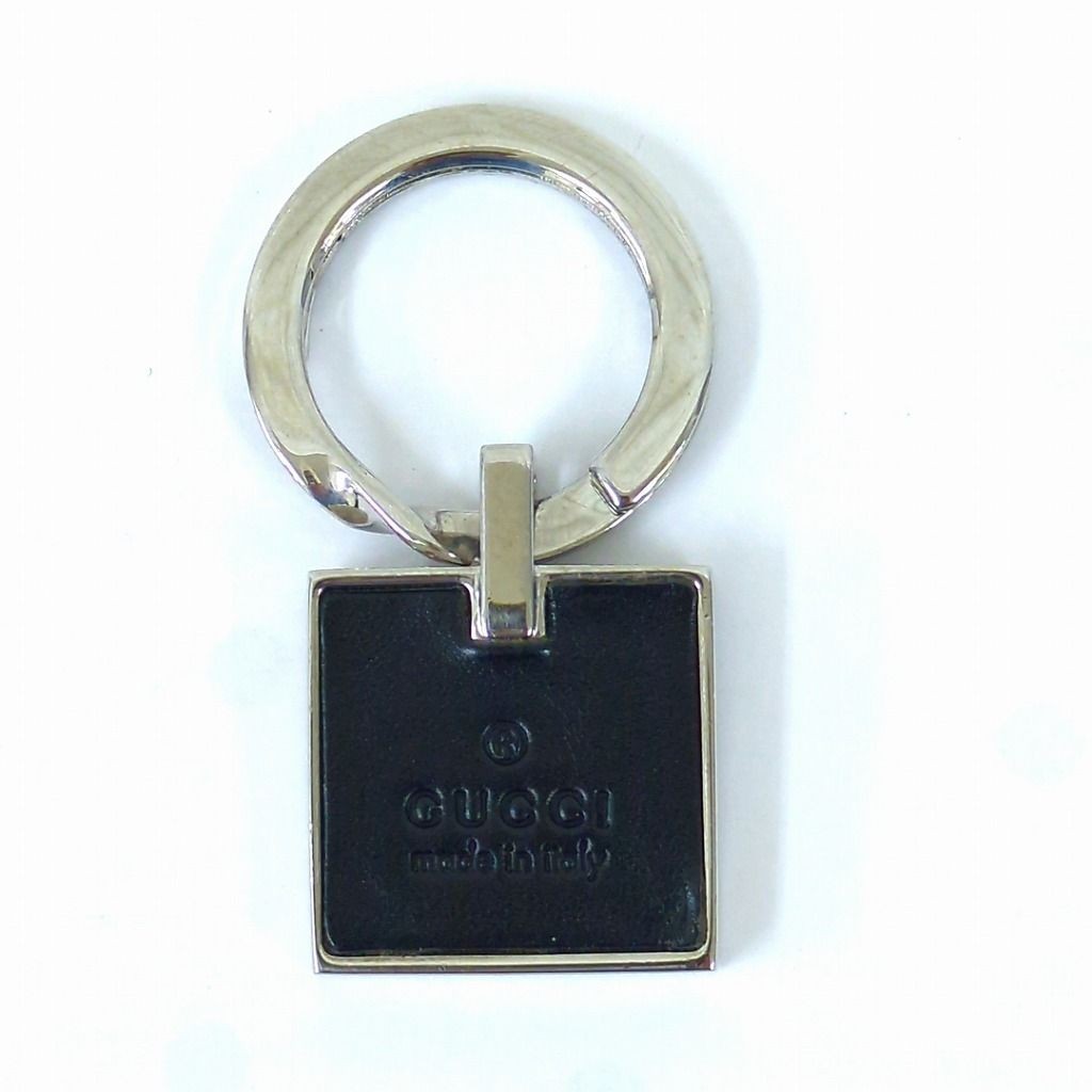 Authentic GUCCI Logo Plate Square Keyring Keychain Black Silver from japan