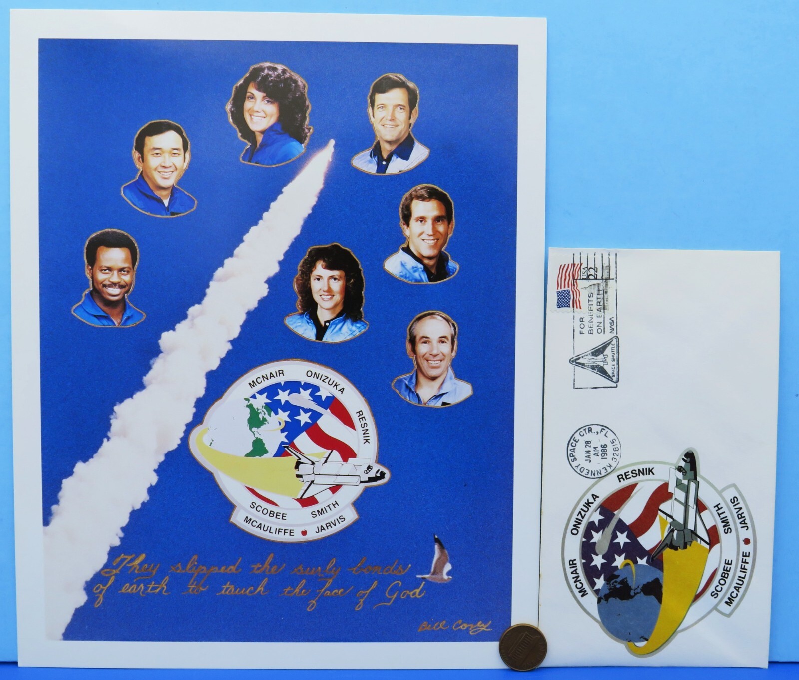 NASA litho Photo  / Postal Cover Pair vtg CHALLENGER STS-51-L McAuliffe Teacher