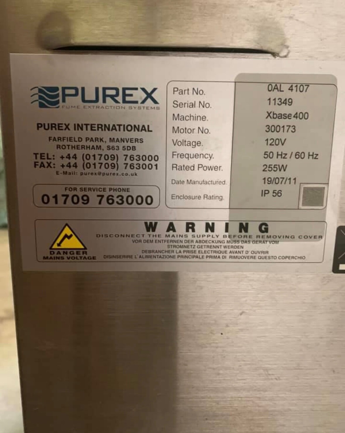 Purex 400I Fume Extraction 120V w/ Filter Set 113579 & 202271 PreFilter 0LX4013D