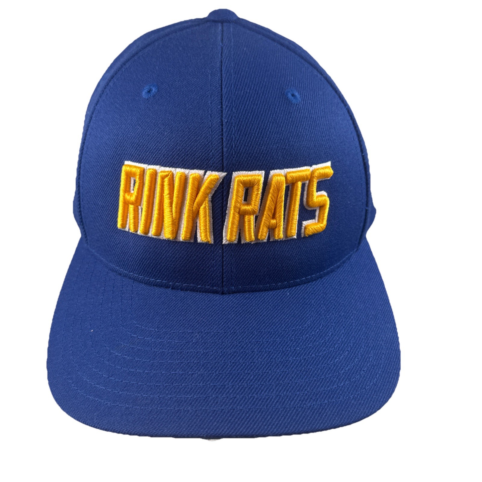 RINK RATS in Yellow w White on Royal Blue Hat Cap 20% Wool 80% Acrylic Hook Loop