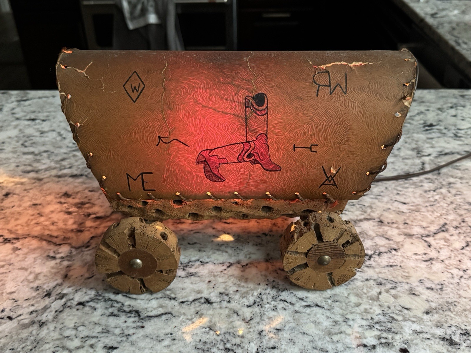 Vintage Handmade Western Covered Wagon Lamp Rustic Cowboy Folk Art Wood Light