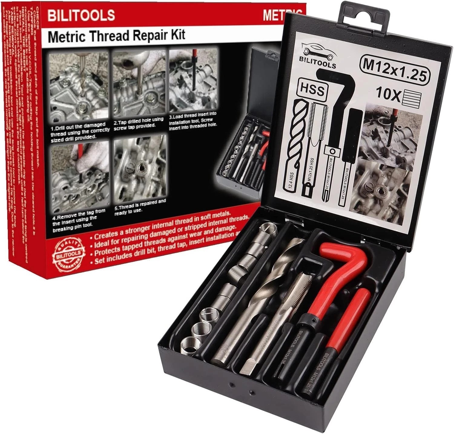 High Efficiency M12x1.25 Thread Repair Kit - Durable HSS Drill & Tools Included