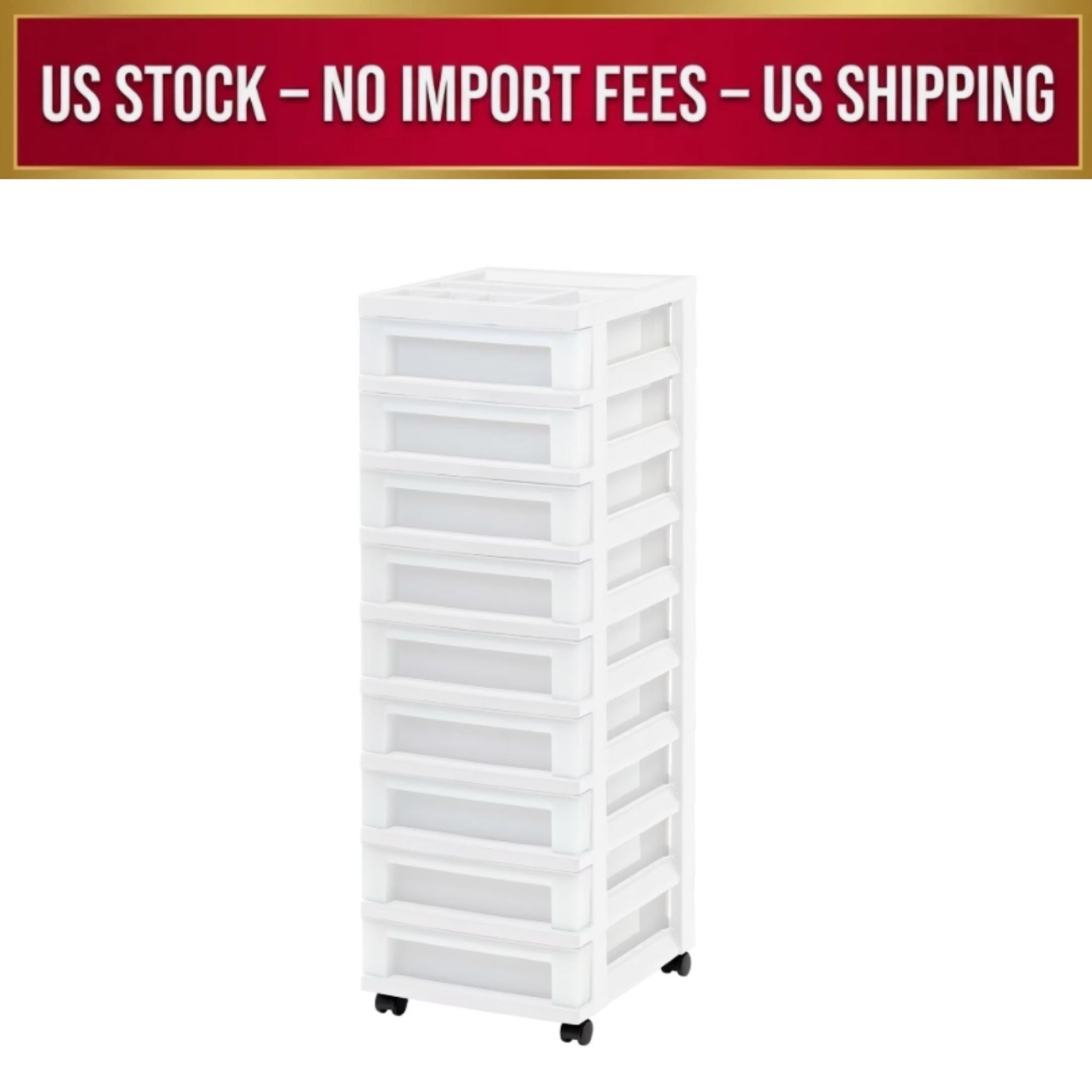 IRIS 9-Drawer Narrow Plastic Storage Drawer Cart with Organizer Top, White