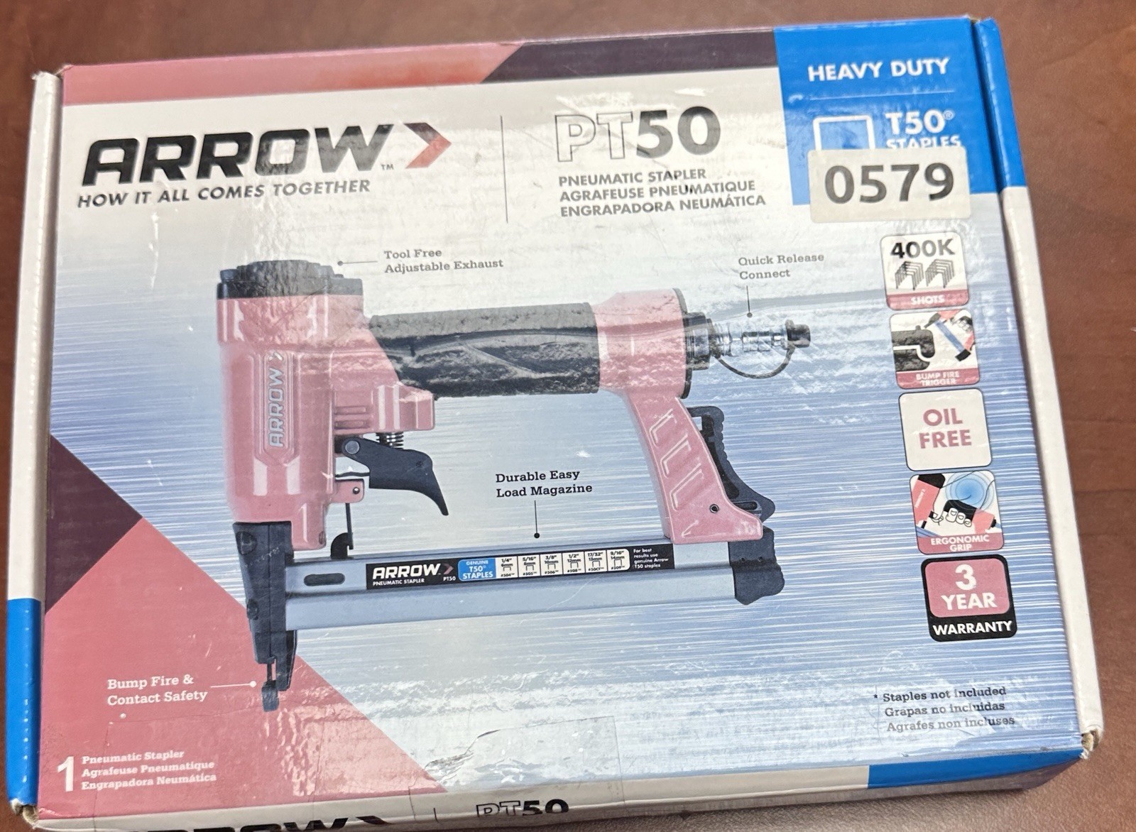 Arrow PT50 Pneumatic Stapler Heavy Duty Oil-Free T50 Staples Model 0579