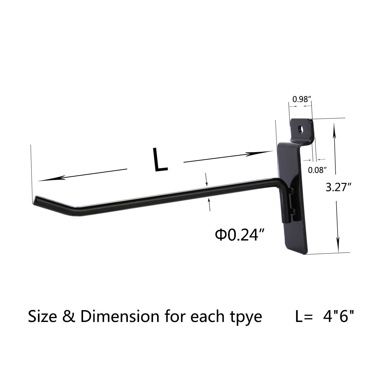 Slatwall Accessories: Box of 12 Black Metal Slatwall Hooks, Six 4 Inch and Si...
