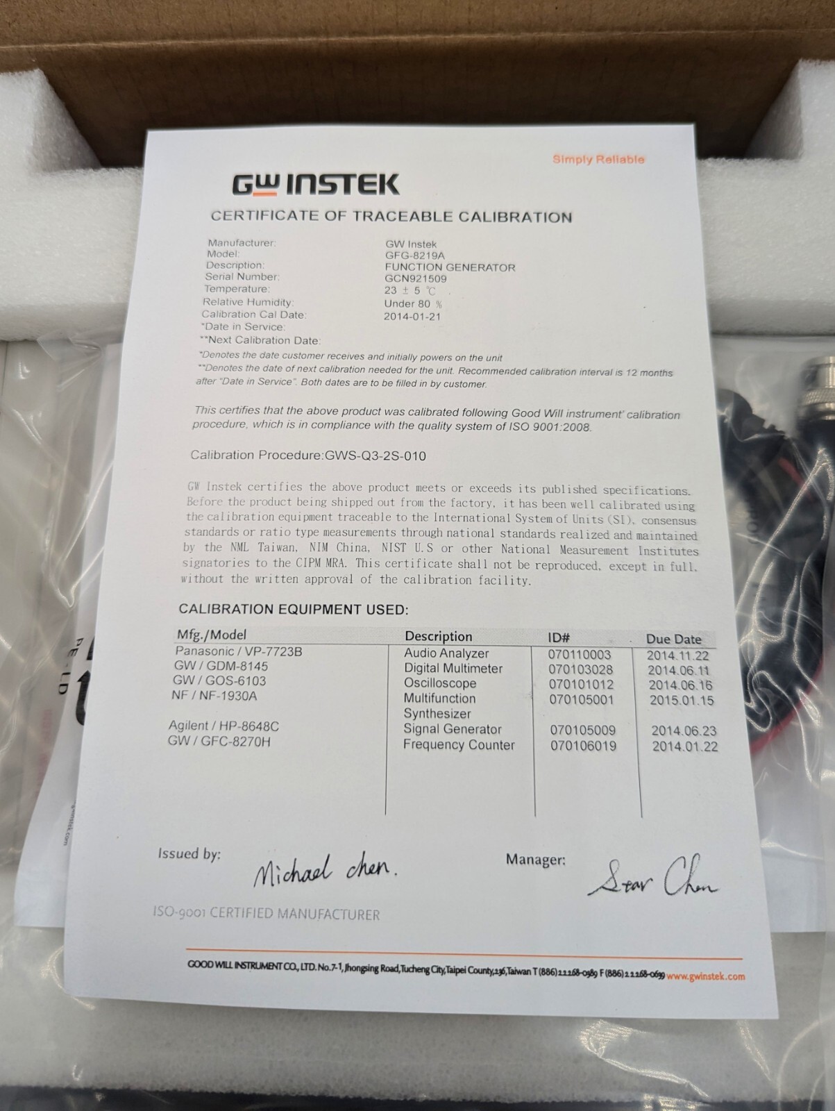 GW INSTEK GFG-8219A Function Generator, 3MHz, 6-Digits, Analog