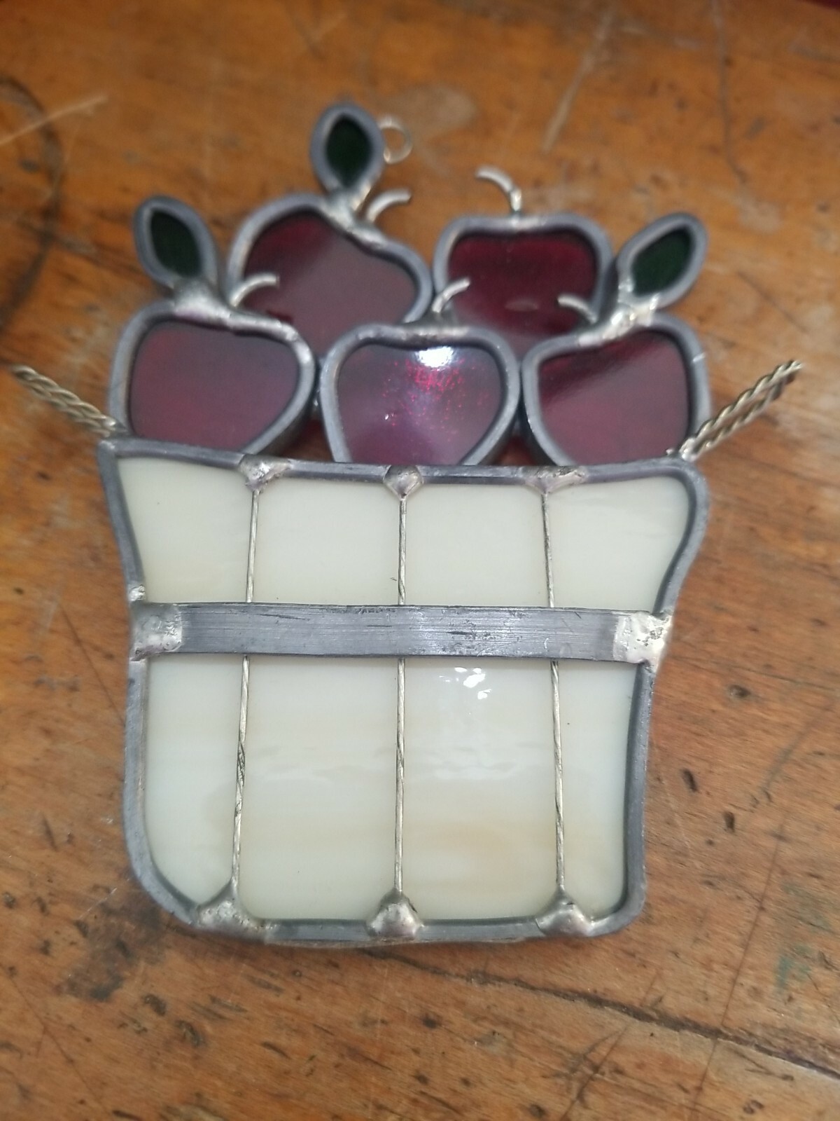 Red, white and green   stained glass bushel of Apples ornament D