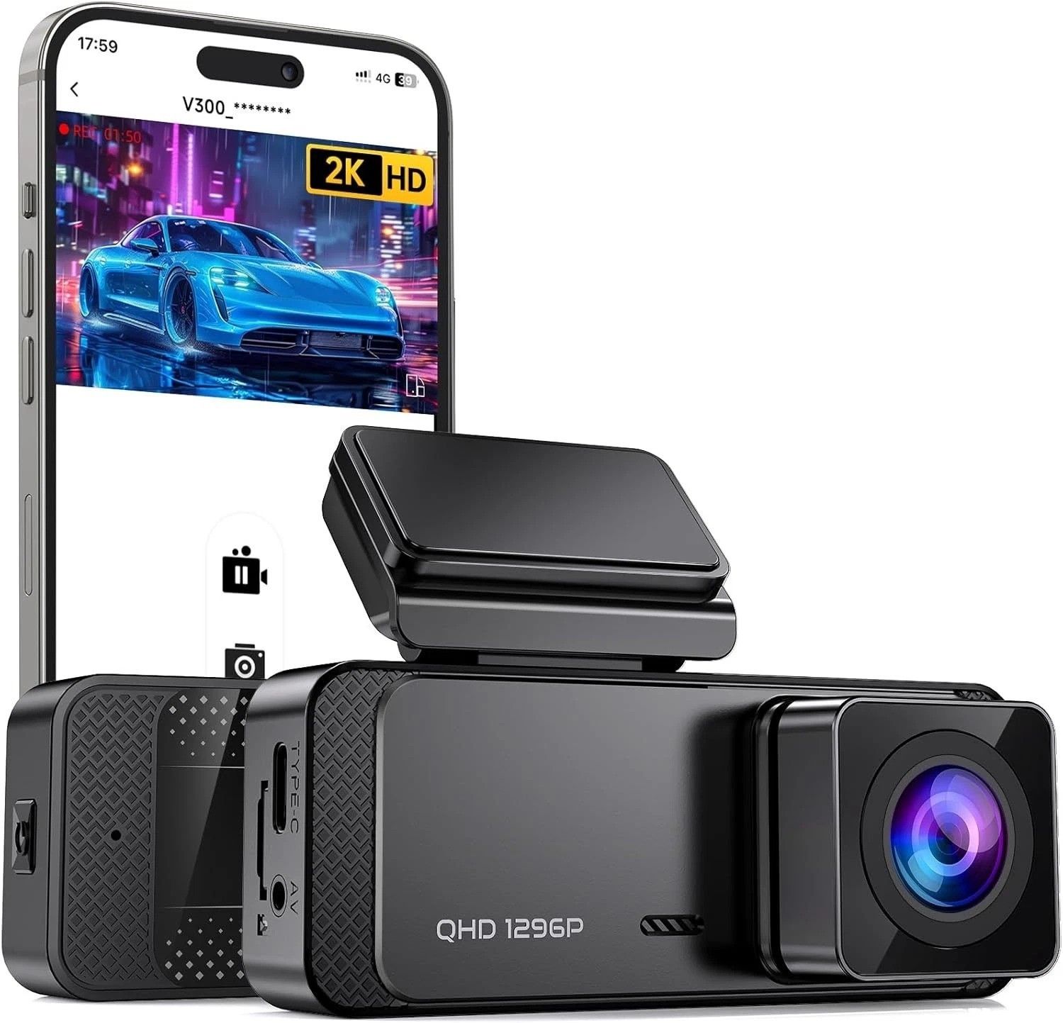 V300 Dash Camera 1296P Front WiFi Car Night Vision Loop Record