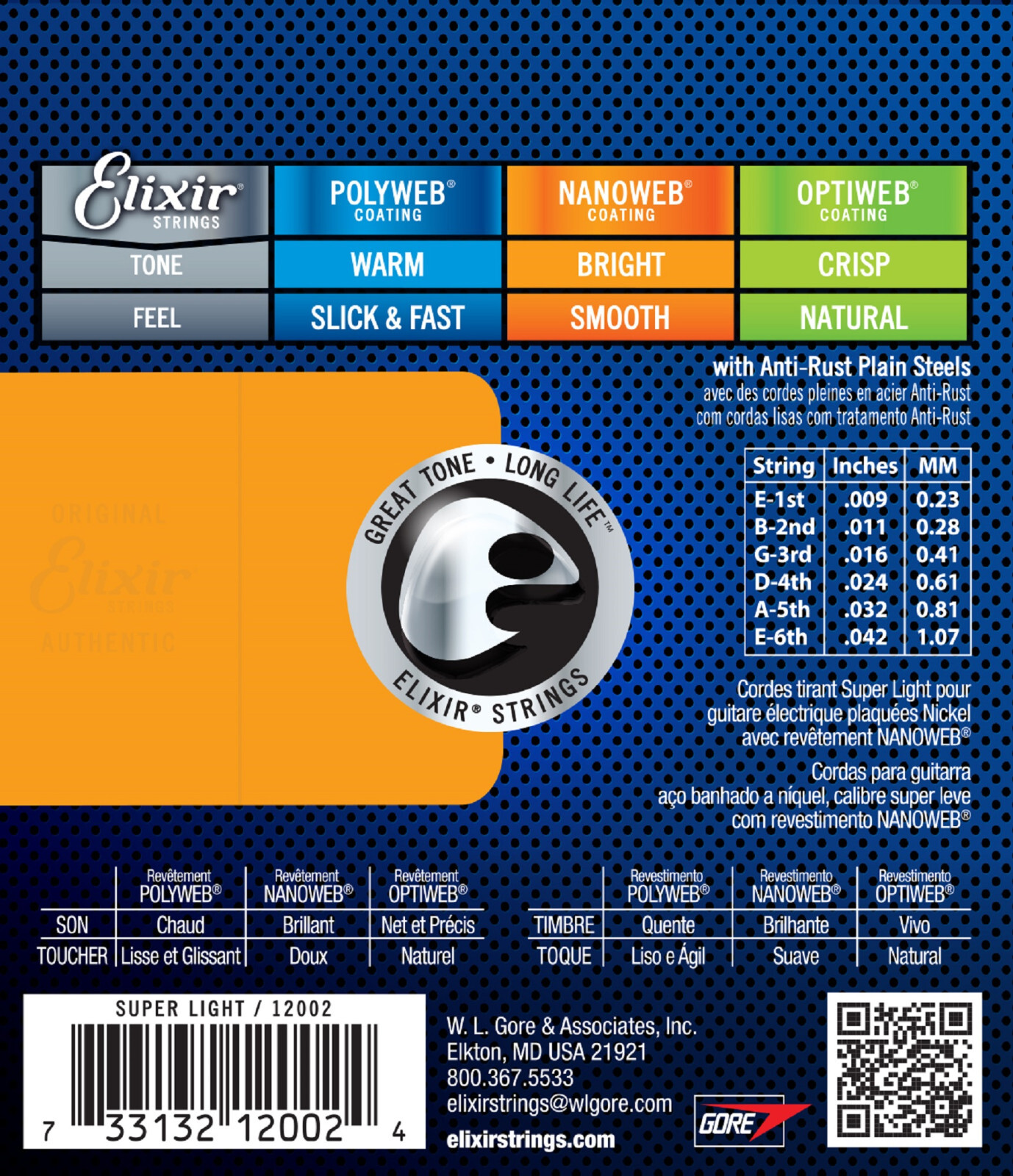 Elixir® 12002 Electric Strings with NANOWEB® Coating, Super Light (.009-.042)