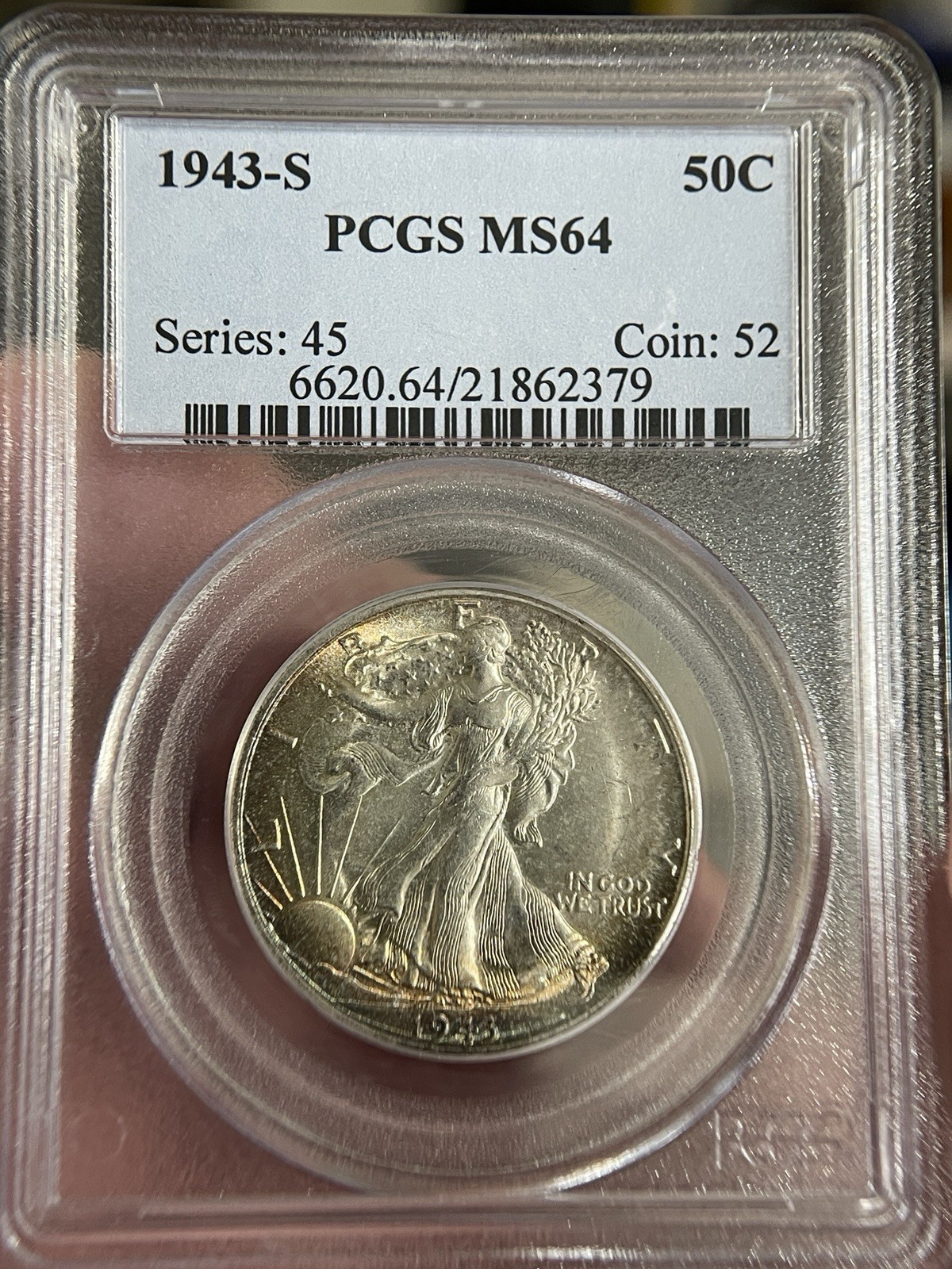 1943-S Liberty Walking Half Dollar PCGS MS64 Toning  - 51059