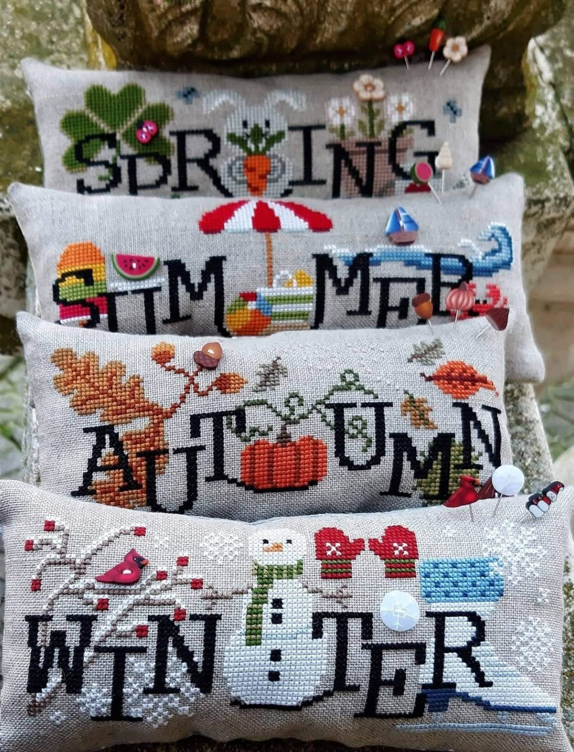Set of 4 SEASONS Cushion Primitive Sampler Cross Stitch Pattern Chart