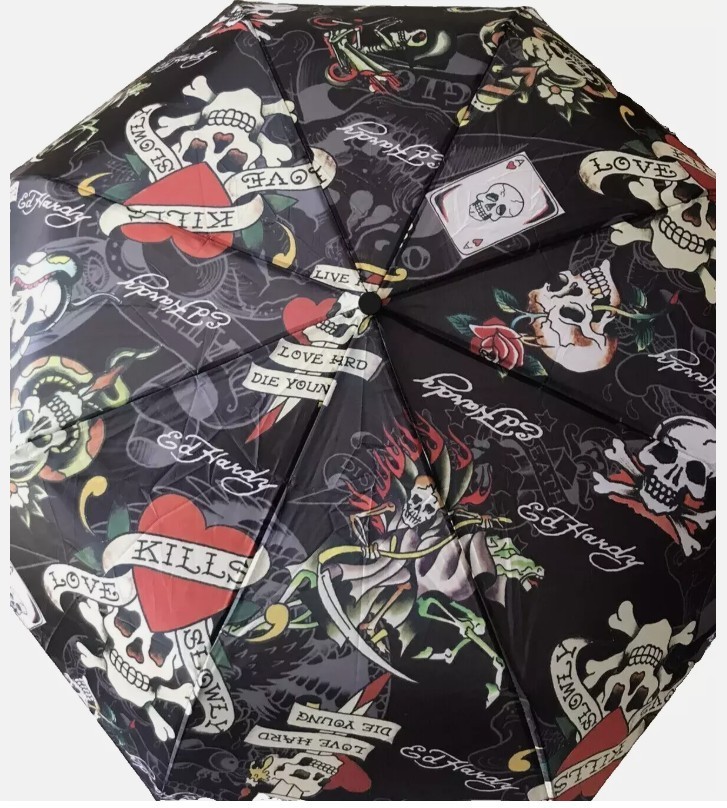Ed Hardy Love Kills Compact Black Umbrella Auto Open Close Rubber Handle - NEW