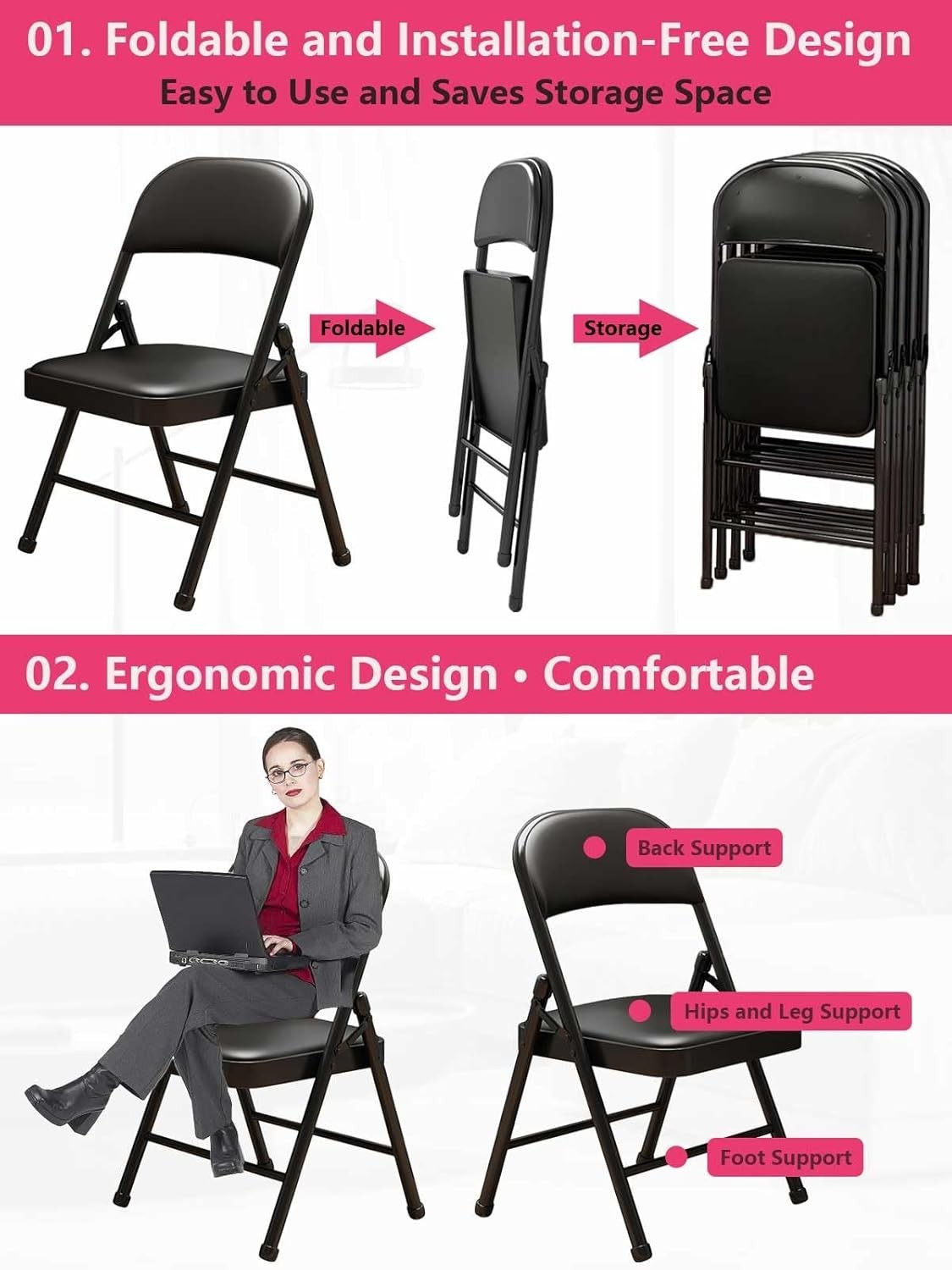 Conjunto de 1 silla plegable con cojín, estructura de acero negro silla plegable