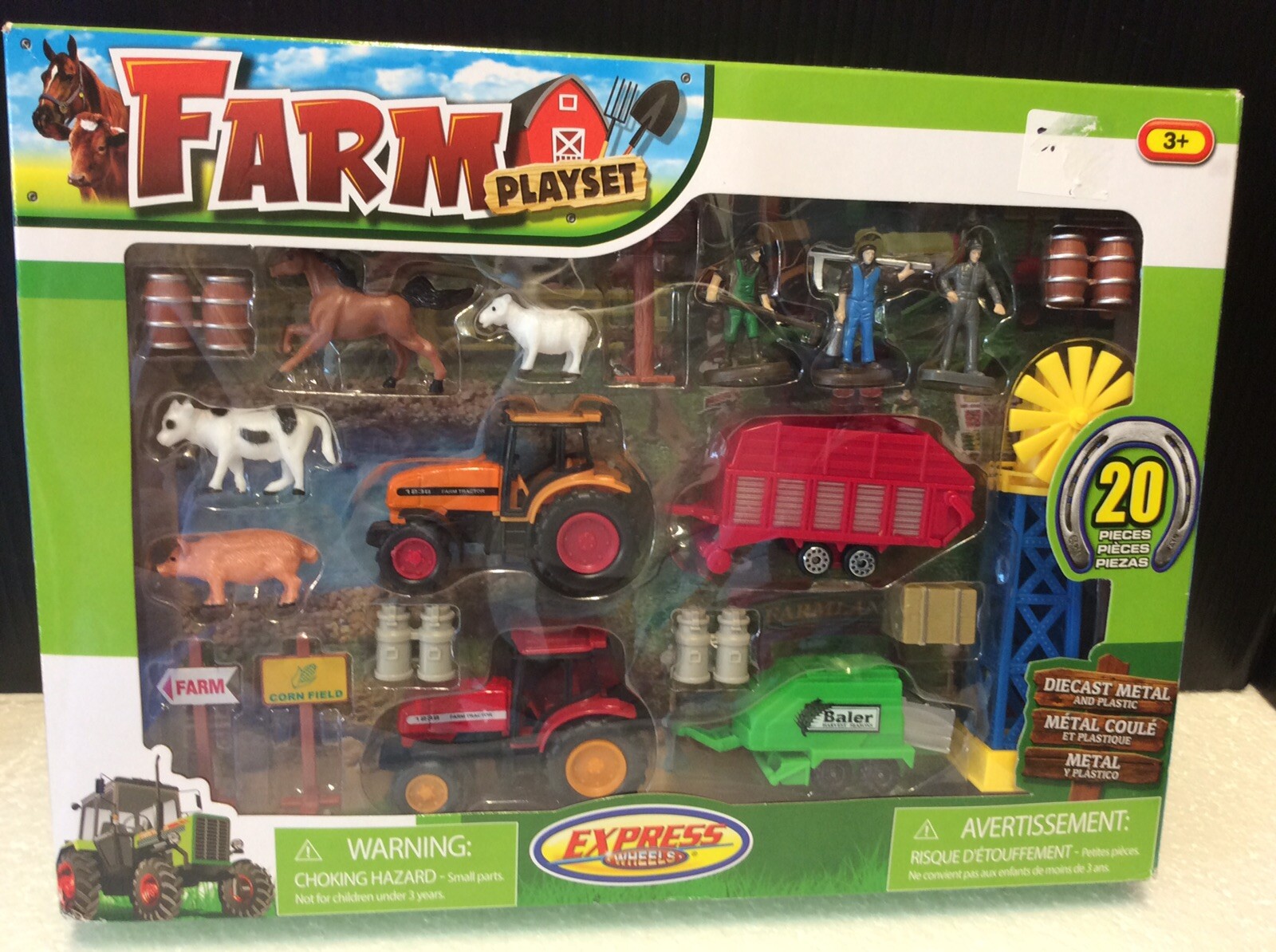 NEW Express Wheels Farm Playset 20 Pc Plastic Animals Etc / Diecast Tractors