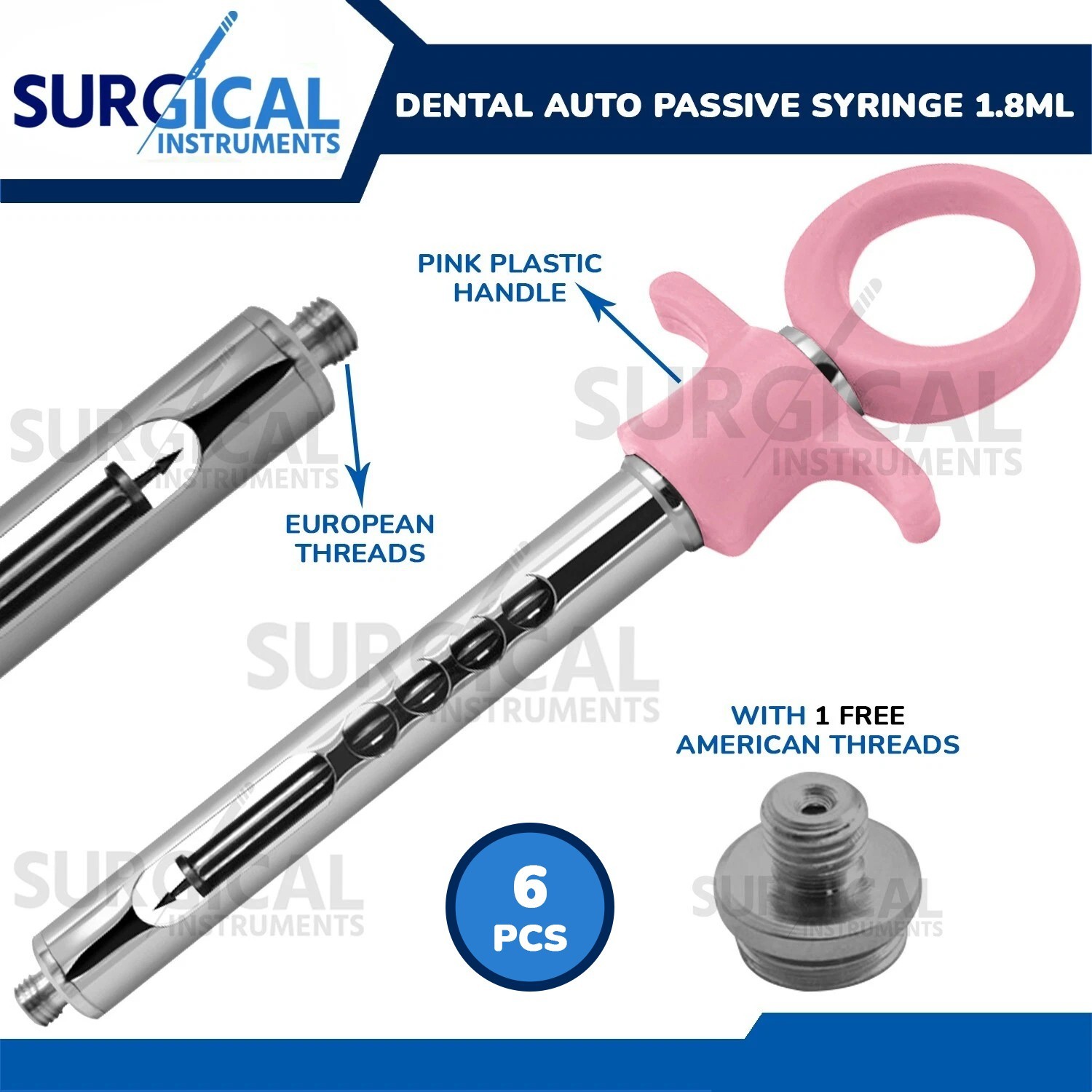 6 Pcs Dental Anesthetic Syringes 1.8ml Cartridge Auto Passive Pink German Grade