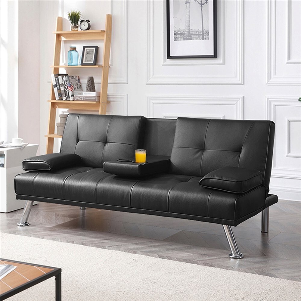 Faux Leather Sofa Bed Convertible Futon Sofa with 2 Throw Pillows Cup Holders