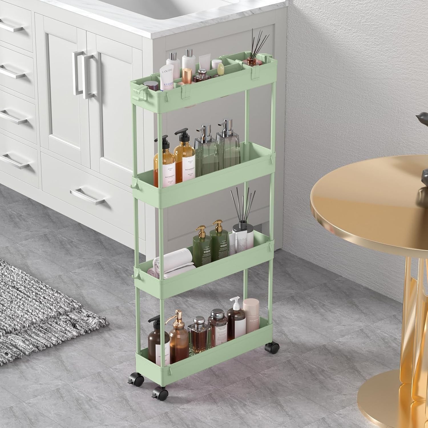 4 Tier Slim Storage Cart Green Rolling Utility Cart