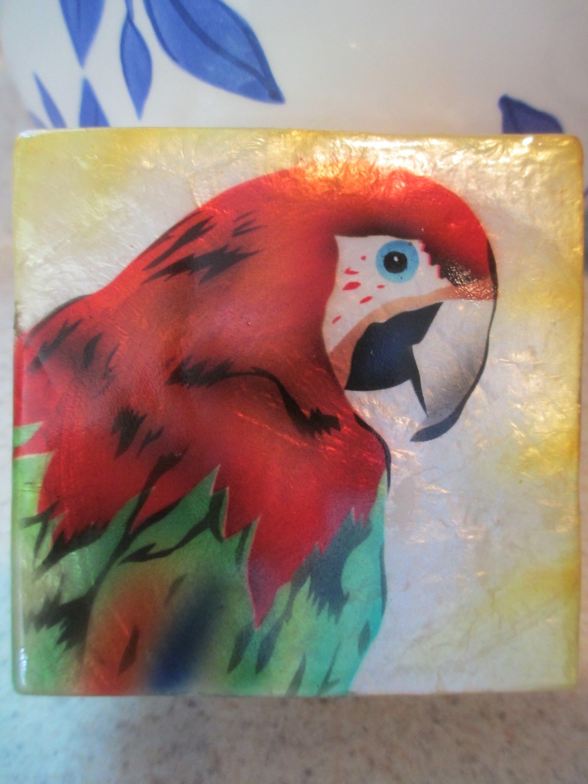 1711* RED MACAW ~ CAPIZ SHELL TRINKET BOX