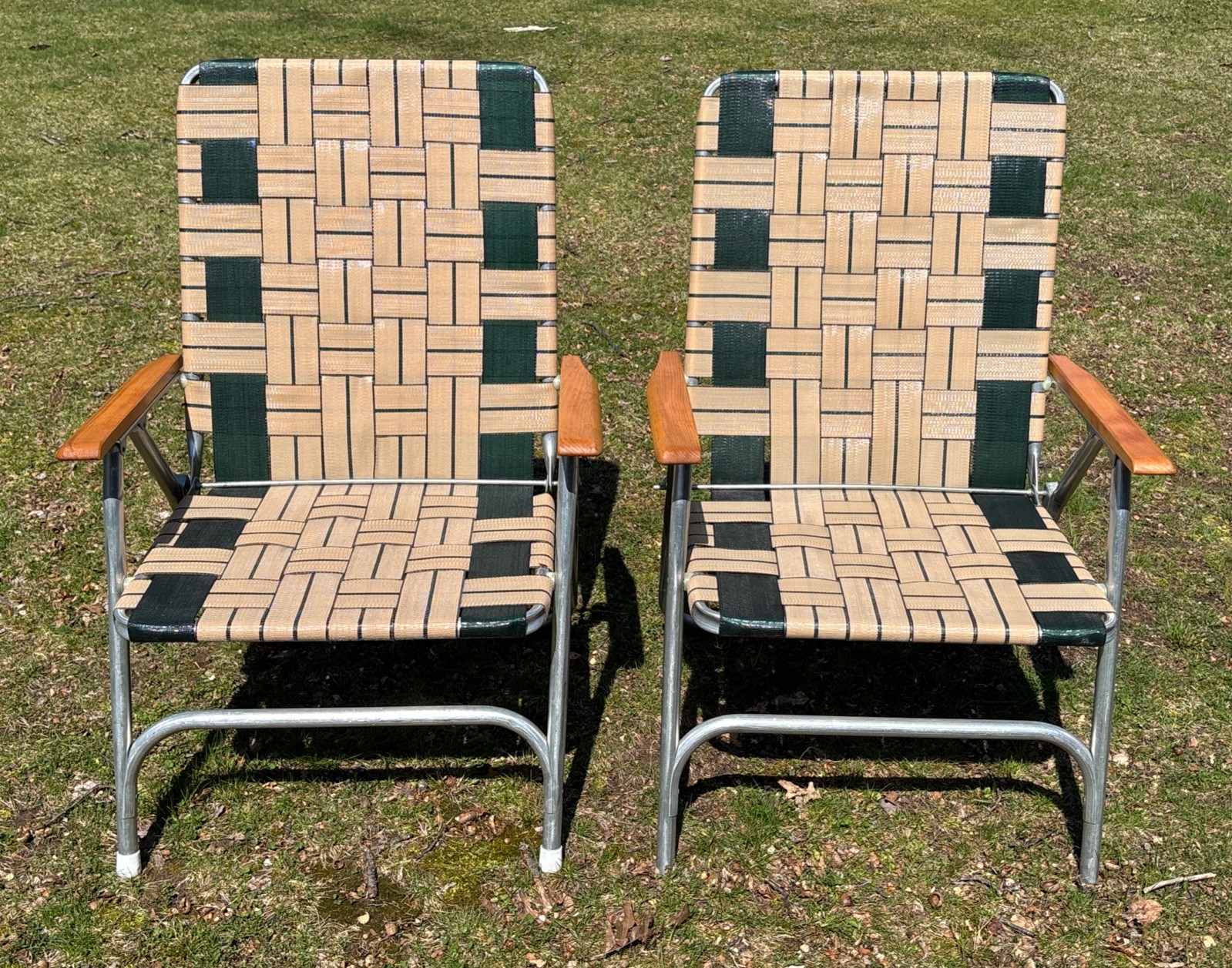 Vintage Pair of Aluminum Webbed Folding Lawn Chairs Wood Armrests Retro Set of 2