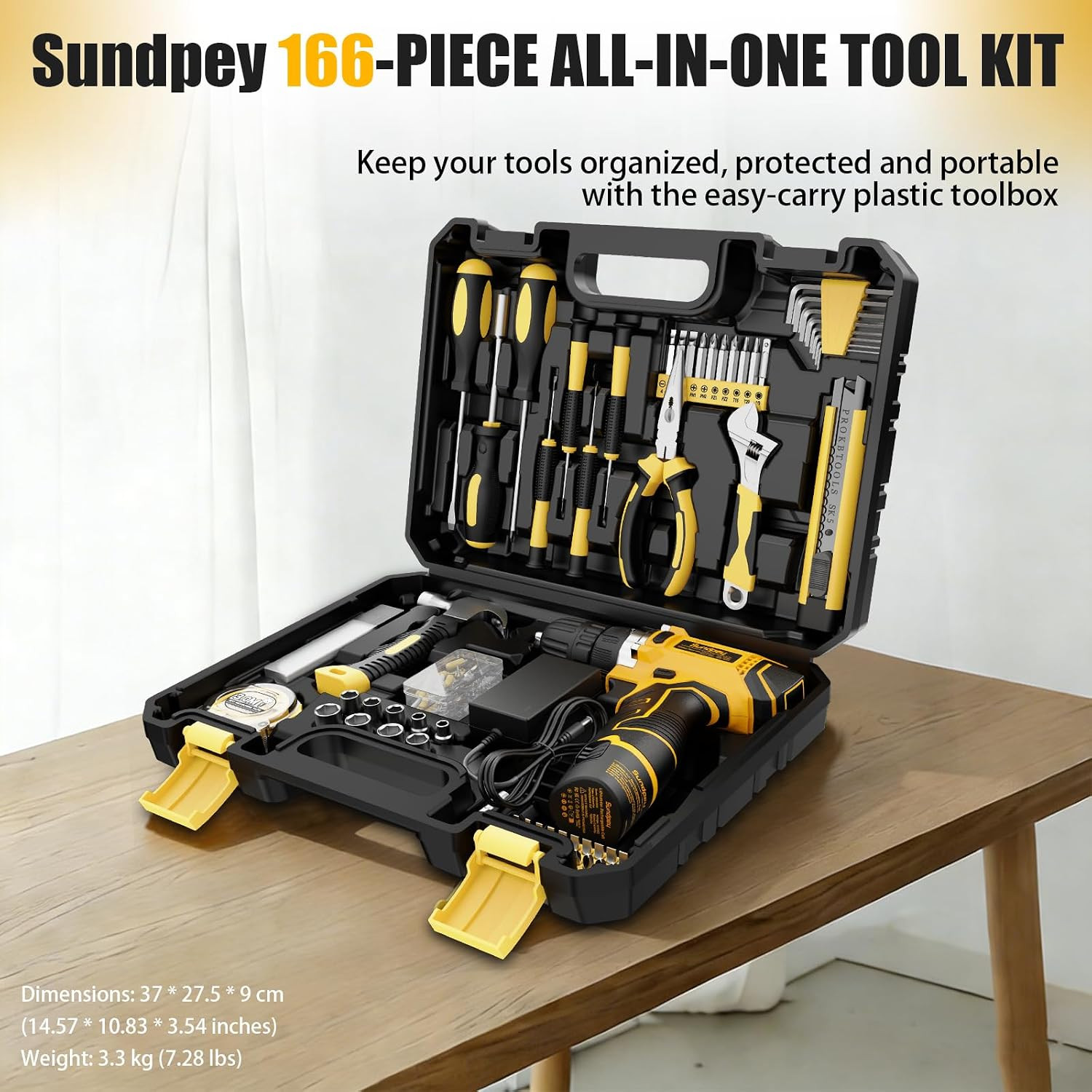 166-PC Small Basic Home Tool Kit Set with 12V Cordless Drill & Case | Portable T