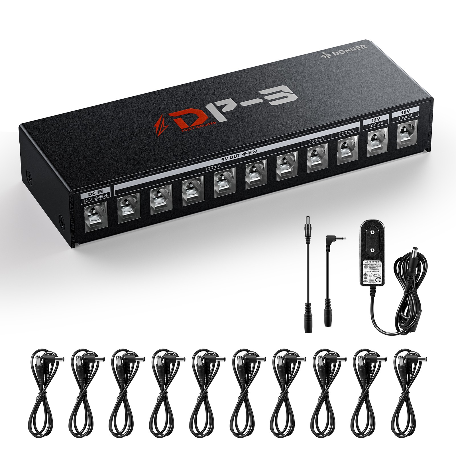 Donner 11 Port Guitar Effects Pedal Power Supply + Accessories 500 mA 9V/12V/18V