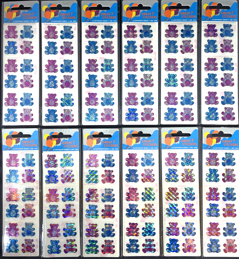 12 packages of Prismatic Teddy Bear Stickers, "Great 7" Sticker designs, PPZ6111