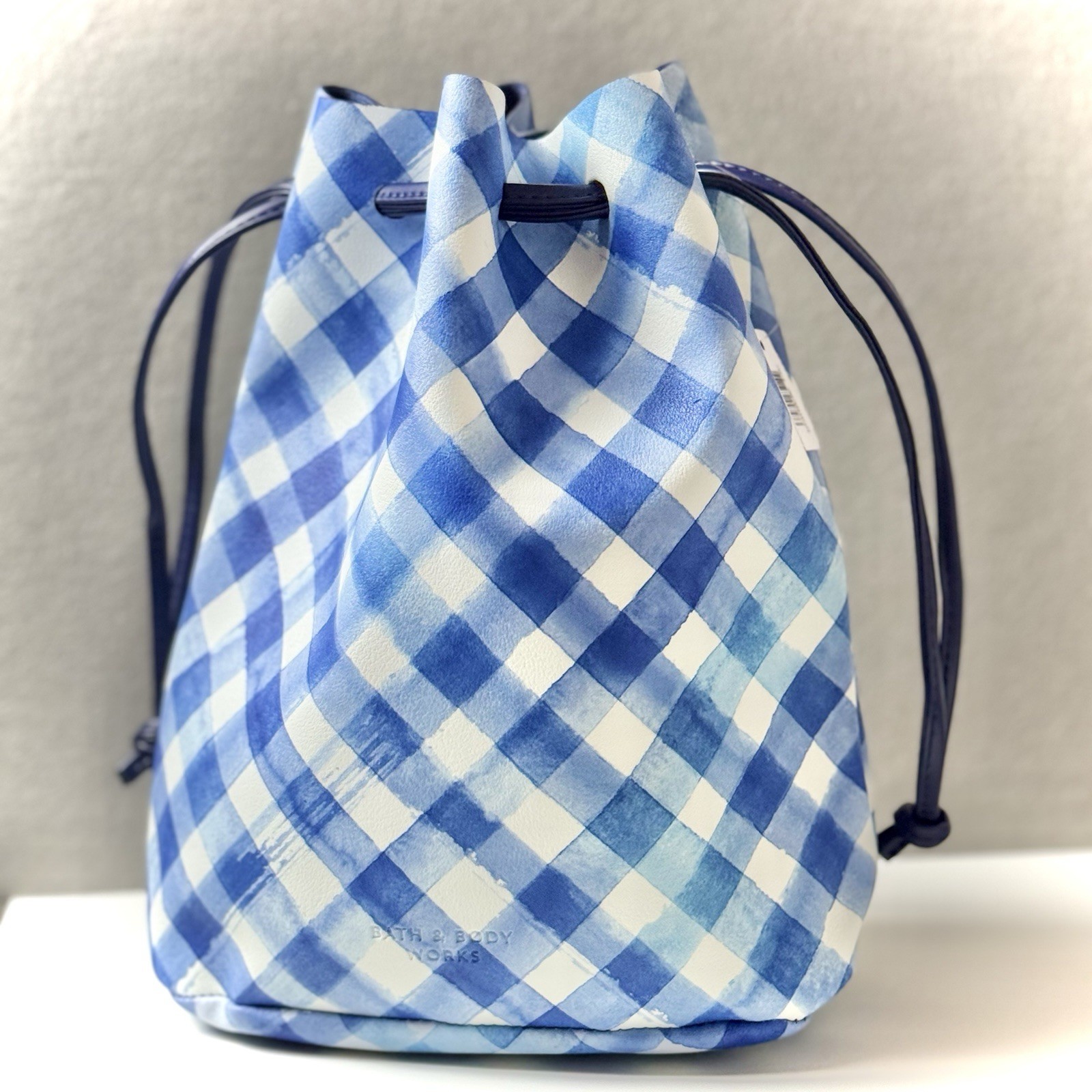 Bath & Body Works Blue and White Gingham Cinched Tote Gift Bag NEW w/ Tags!